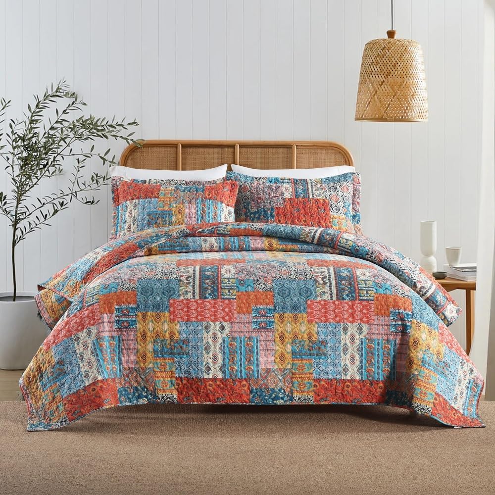 Cotton Bedspread Quilt Sets Reversible Coverlet Sets Comforters Vintage Bohemian Patchwork Bedspread,Orange,King Size