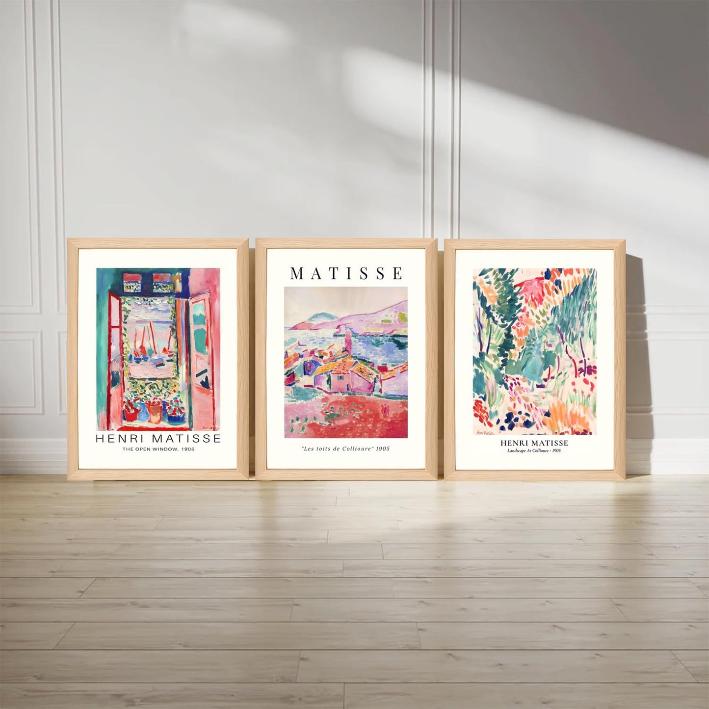 Wooden Framed Matisse Wall Art Set of 3 Abstract Henri Matisse Posters Vintage Flower Market Canvas Prints Open Window Painting Artwork Picture Aesthetic Room Decor for Bedroom Living Room 12x16in