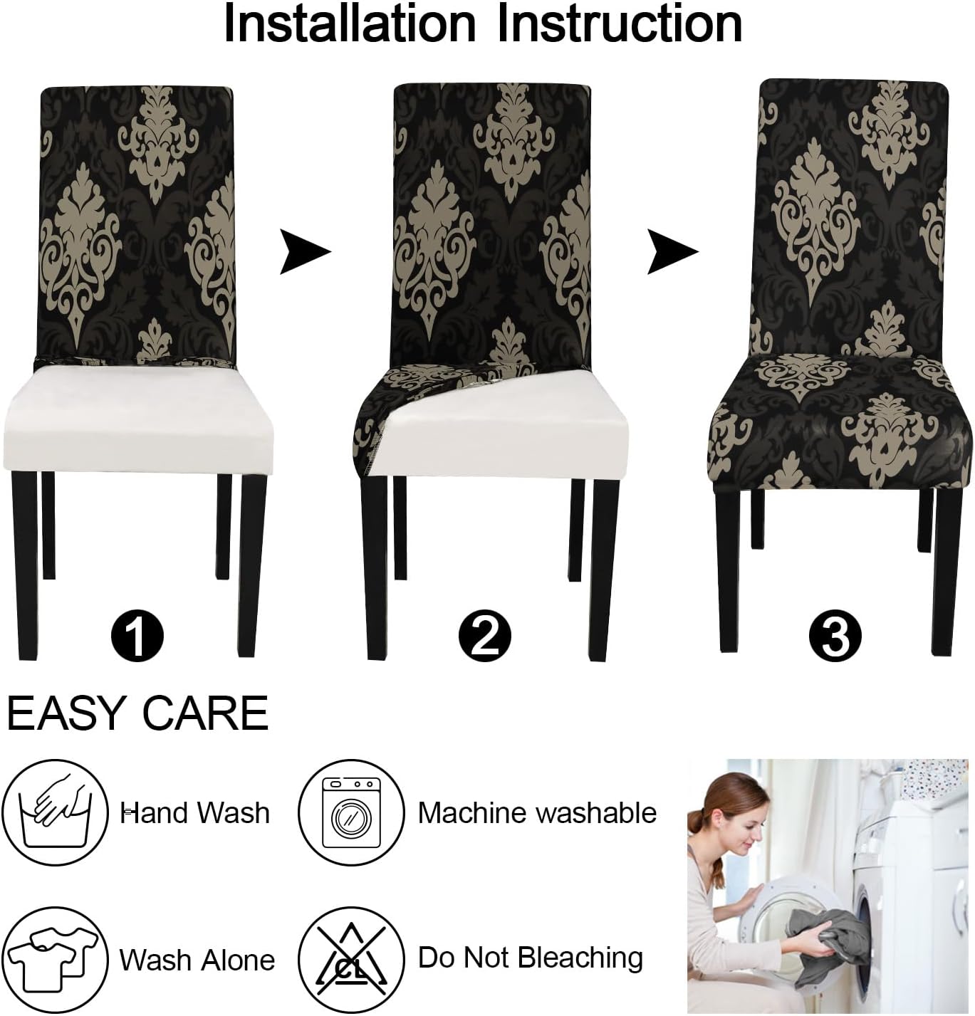 JQinHome Dining Chair Slipcover, High Stretch Removable Washable Chair Seat Protector Cover Set of 6,Chair Covers for Dining Room, Kitchen,Home Party,Wedding Ceremony(Luxe Black, 6PC)