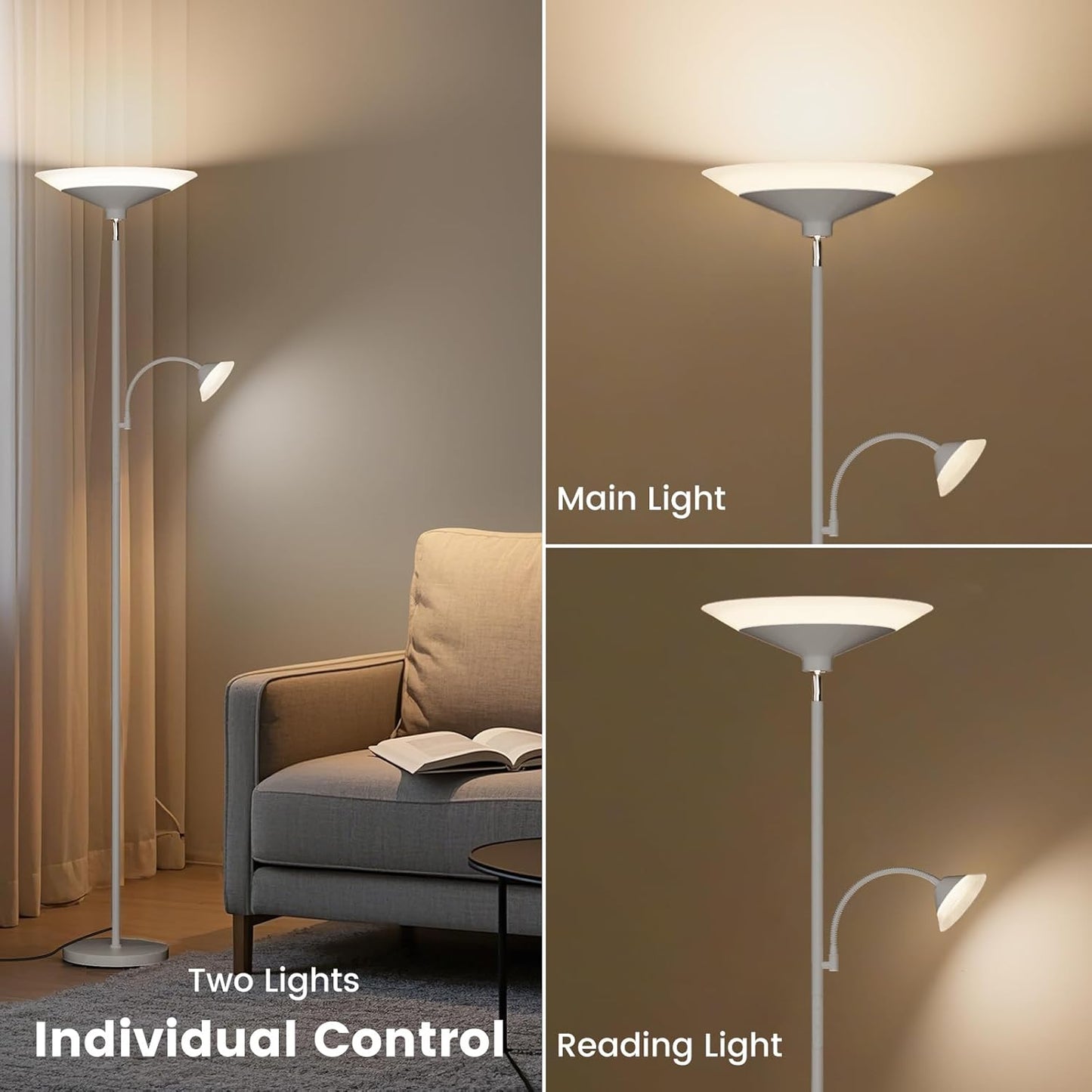 Sliver Gray Torchiere Floor Lamp with Reading Light, 4 Color Temperatures, Dimmable & Individual Light Control Standing Lamp, 34W Bright Tall Lamp with Remote for Living Room Bedroom Office