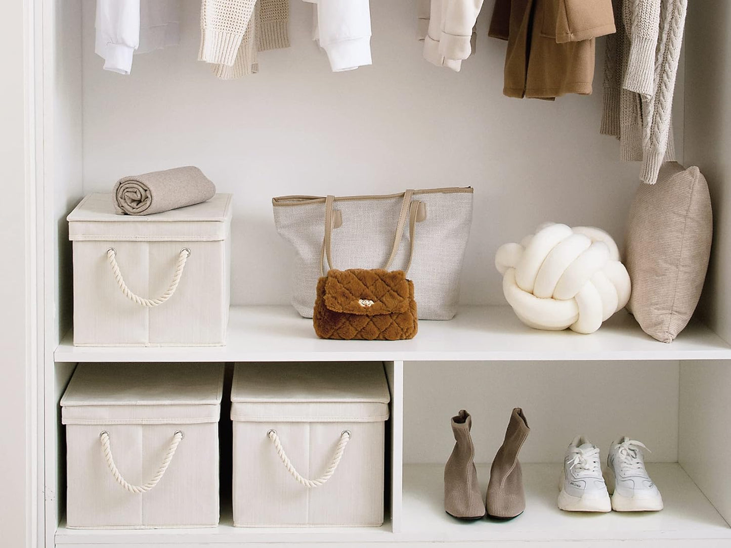 StorageWorks Storage Bins with Lids, Decorative Storage Boxes with Lid and Soft Rope Handles, Foldable Storage Baskets for Closet, Shelves, Stackable, Ivory and White, Jumbo, 3-Pack