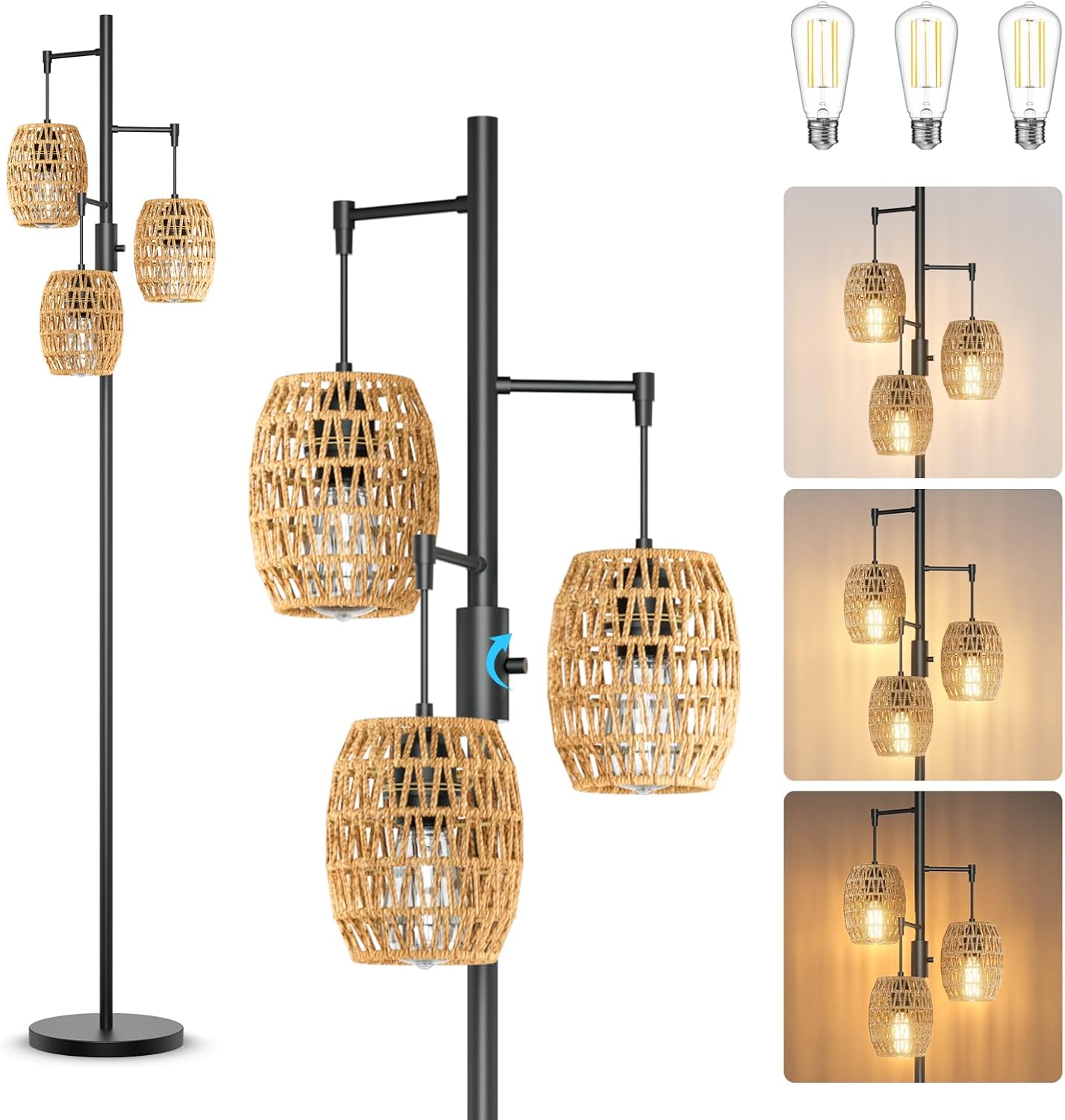 Boho Rattan Floor Lamp - Dimmable 70 Inch with Shades, Coastal 3 Light Bohemian Standing Lamp for Living Room Bedroom Office