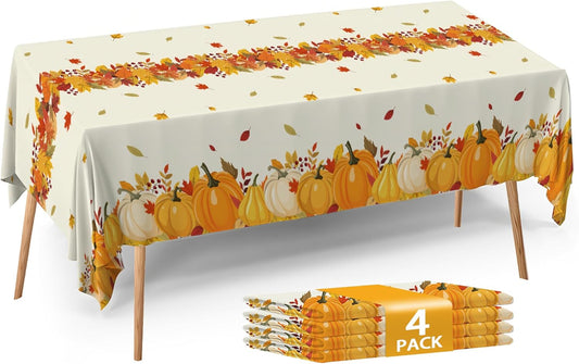 ATFUNSHOP Fall Plastic Tablecloth 4 Packs Thanksgiving Disposable Table Cloth 54x108 Rectangle Table Cover with Pumpkin & Maple Leaf for Holiday Dinner Party Decorations Outdoor Picnic & Baby Showers