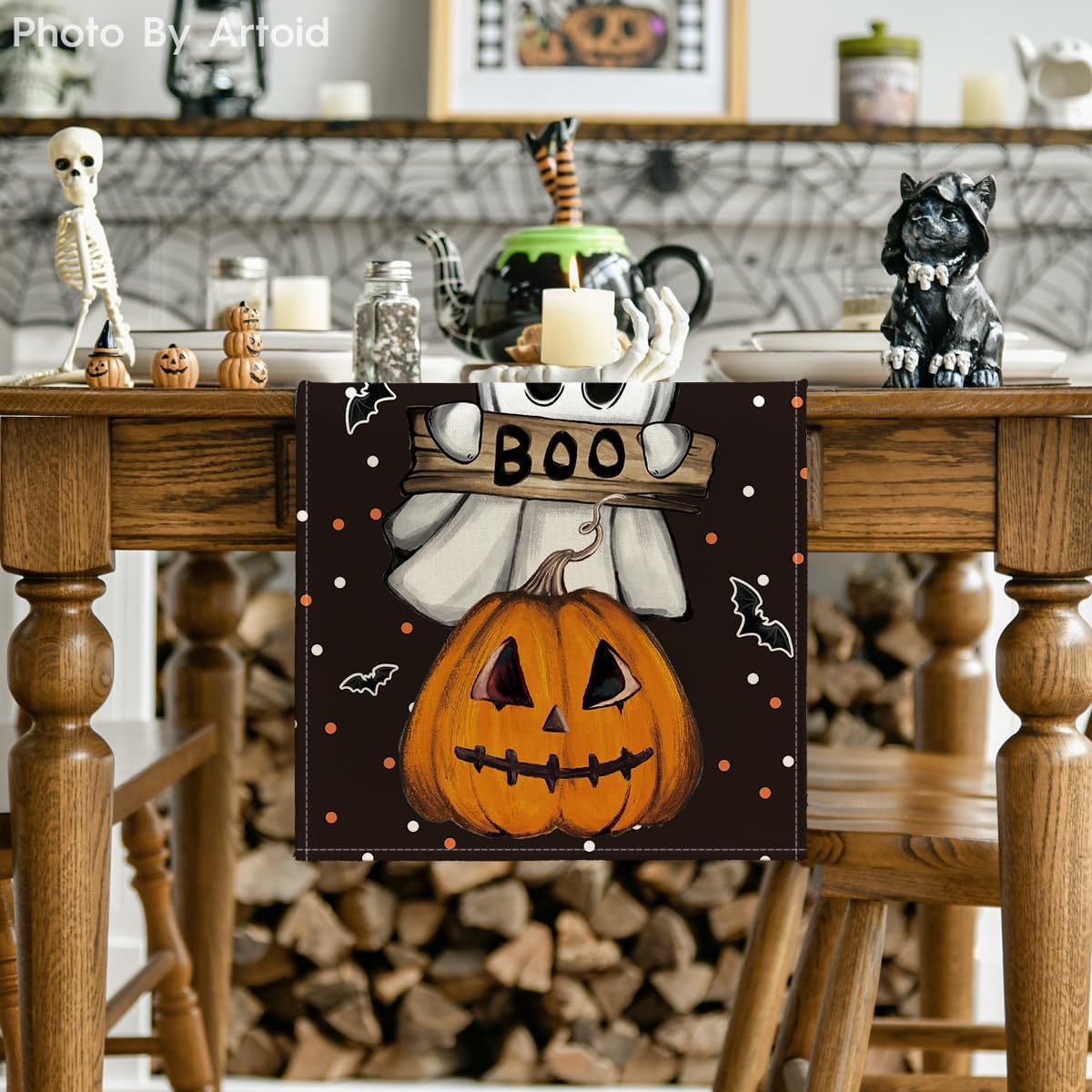 Artoid Mode Polka Dot Ghost Pumpkin Cat Boo Halloween Table Runner, Bat Seasonal Fall Kitchen Dining Table Decoration for Home Party Decor 13x90 Inch