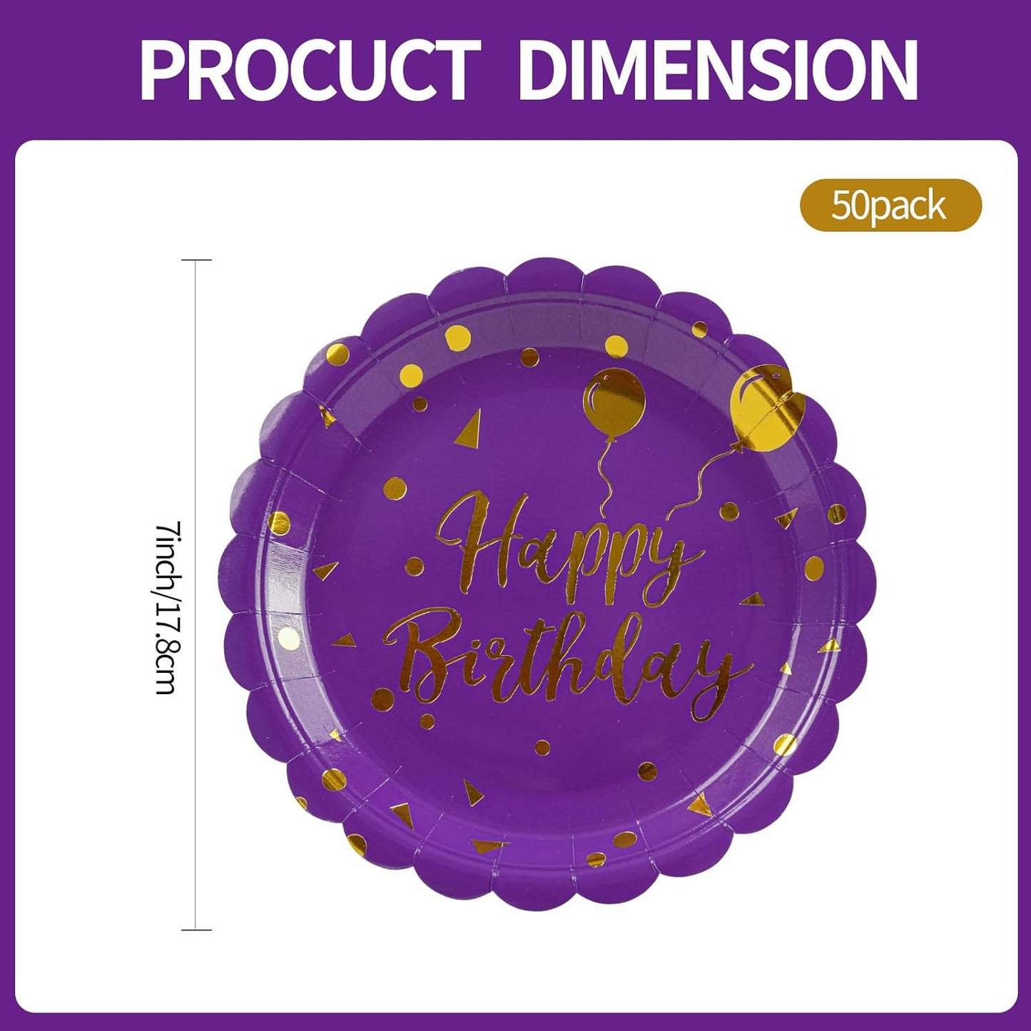 50PCS Purple Birthday Party Plates Decorations, 7 Inch Scalloped Purple and Gold Paper Plates Disposable Happy Birthday Dessert Cake Plate Party Supplies for Birthday's Decorations