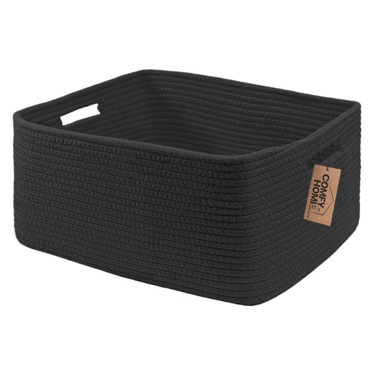 COMFY-HOMI Cotton Rope Woven Basket with Handles for Shelves,Toys,Book, Cloth Storage Baskets for Organizing-17" x 13" x 7.5" Toy Decorative Organizer for Living Room, Bathroom （all black）