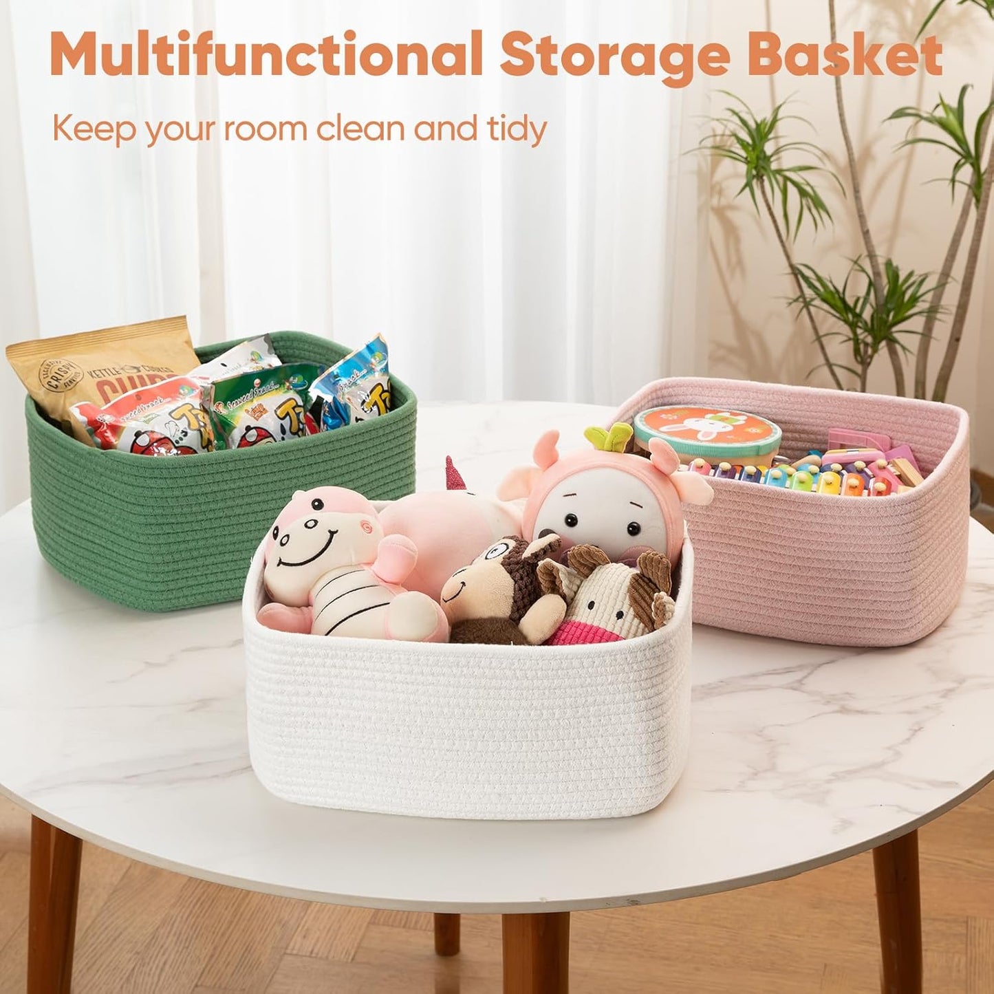 OIAHOMY 4 Pack 14.17*11.02*6.3IN Storage Baskets for Organizing Shelves, Woven Rope Baskets for Organizing Books, Clothes, Decorative Basket for Living Room, Nursery, Bedroom, Gift Basket, Pink