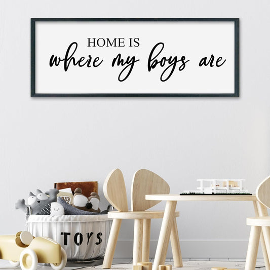 SRSZHIYUE Home Is Where My Boys Are Sign Wall Art Decor 40"×15" for Family Bedroom Large Wood Framed Wall Hanging (Black)