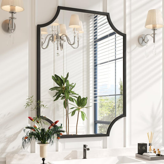 Kelly Miller 30"x40" Large Black Bathroom Mirror for Wall, Gold Scalloped Vanity Mirror Bevelled Framed Decorative Mirror for Master Bath Half Bath Entrance Hallway Fireplace Bedroom Living Room