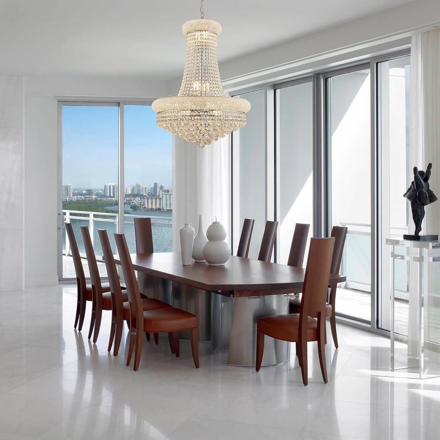 14 - Light Unique Empire Crystal Chandelier with Adjustable Chain for High Ceiling Foyer Entryway Living Room Dining Room Bedroom Chrome Finish