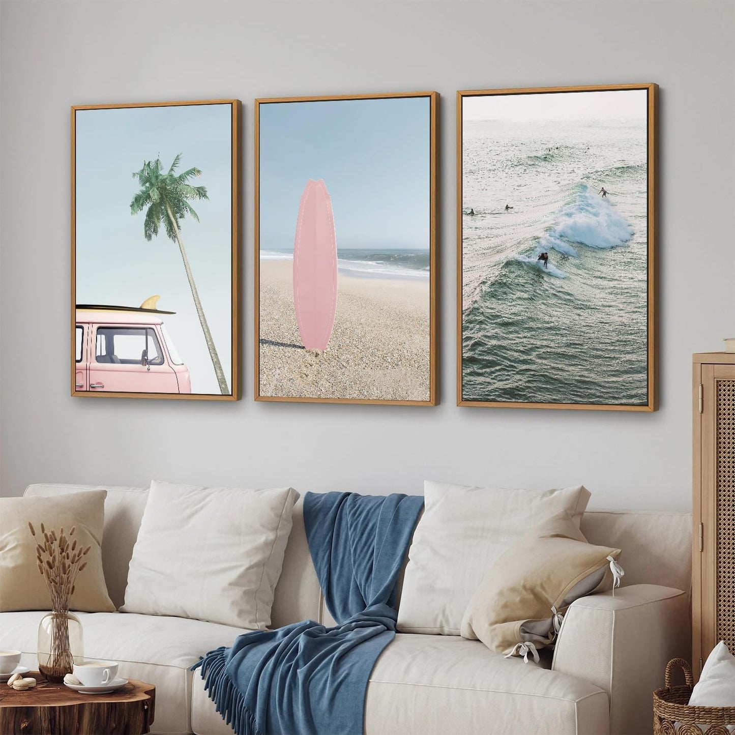 Tinonedraw Large Ocean Beach Framed Canvas Wall Art, Summer Coastal Surfboard Wall Decor, Palm Tree Pink Car Artwork, Modern Surfing Seascape Art Prints for Living Room Bedroom Office 24"x36"x3