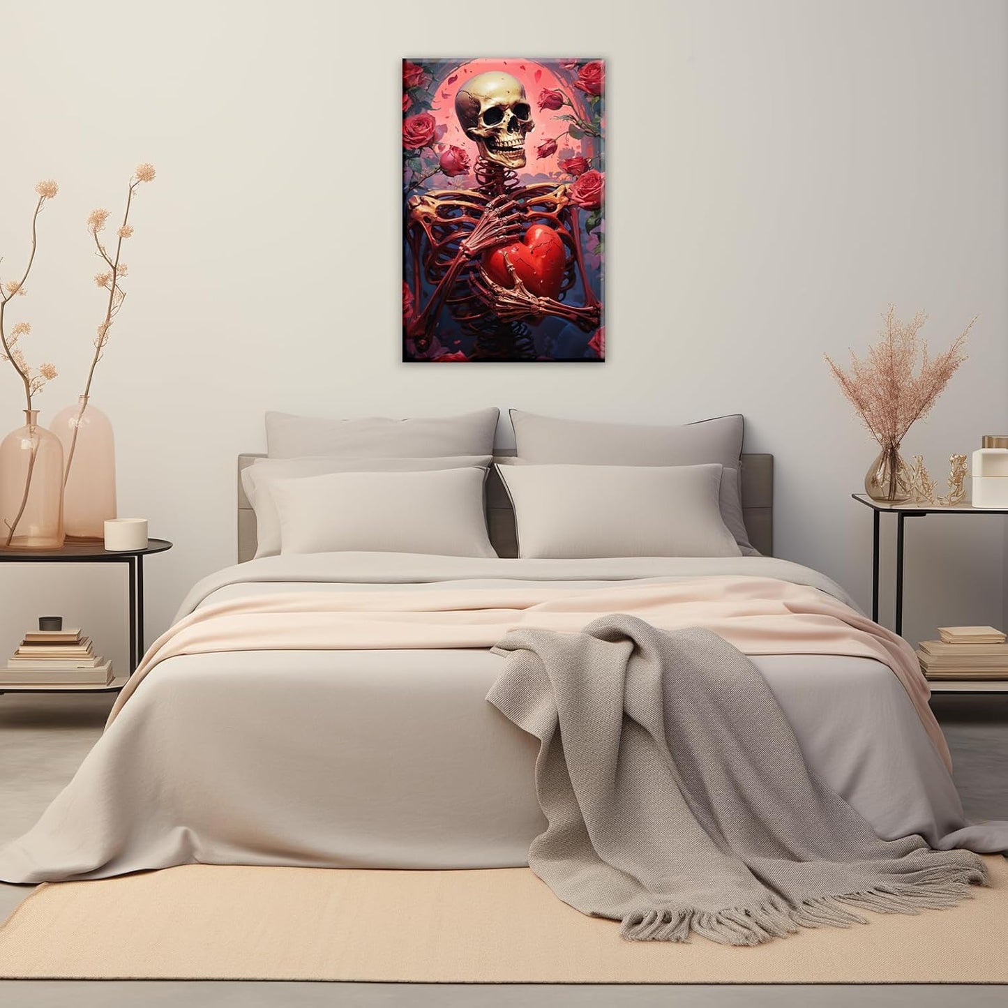 OAAPITI Skull Skeleton Canvas Wall Art Skull Holding Heart Picture Print Romantic Theme Painting Artwork Gothic Poster Wall Decor Living Room Halloween Decor(Artwork-1,16"x24")