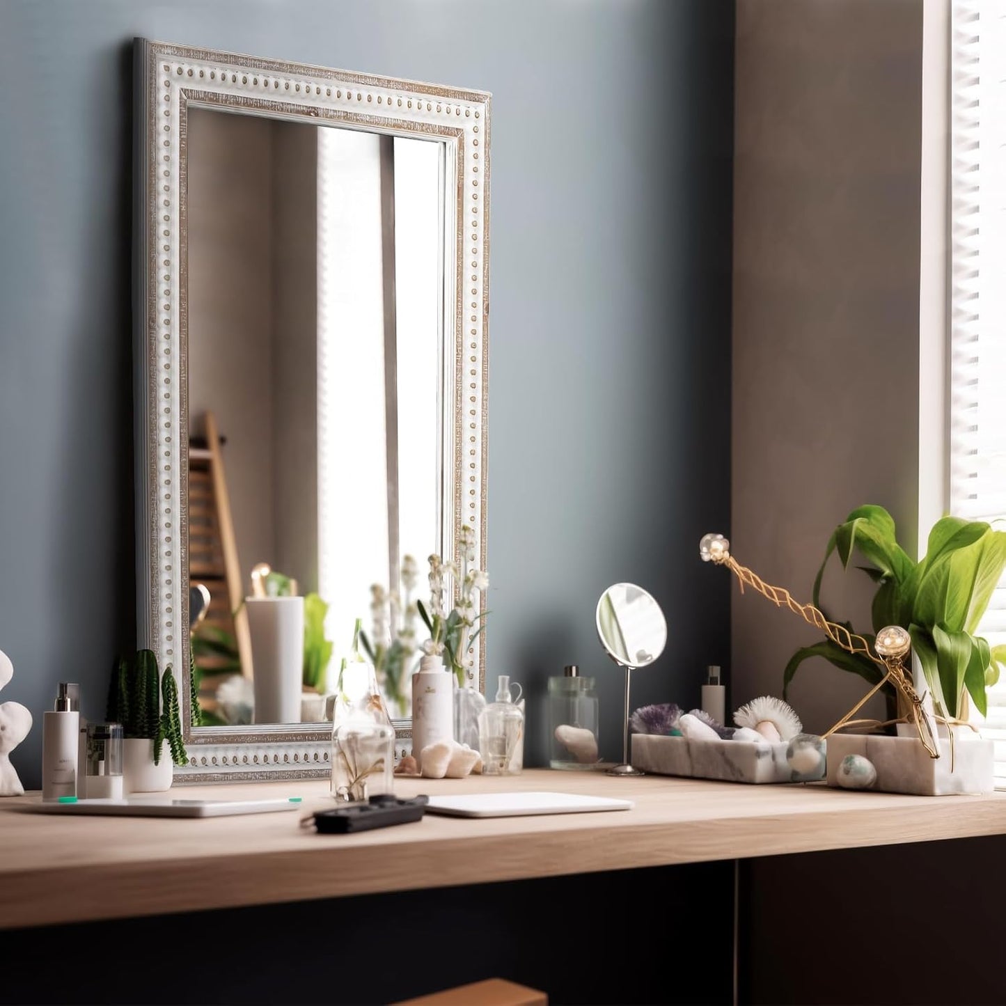 35x23'' Boho Wooden Rectangle Wall Mirror, Rustic Farmhouse Rectangular Mirrors for Bathroom, Bedroom, Living Room, Entryway Decorative - Vertical or Horizontal Hanging