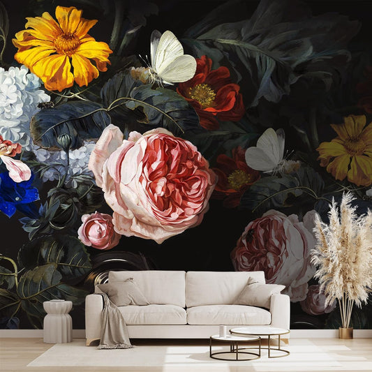 Vintage Black Flowers Mural Bedroom Peony Floral Wallpaper Room Decor Living Room tv Background Large Wall Mural - 137"x96" (Not Peel and Stick)