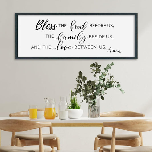 SRSZHIYUE Bless the Food Before Us Wall Sign Decor 32"×12" Christian Bible Verse for Farmhouse Rustic Kitchen Dining Room Framed Wood Scripture Religious Jesus Prayer Wall Art (Black)