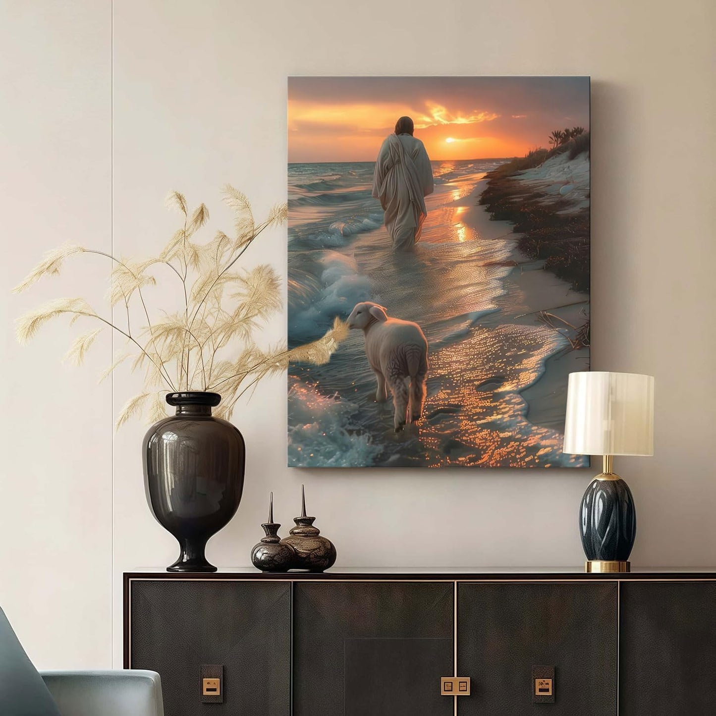 Framed Canvas Jesus and the Lamb Walking on the Beach Wall Decor Wall Art Gallery Decor Unique Print Wall Decor for Living Room Bedroom Church Home Decor 16x24 Inch Ready to Hang