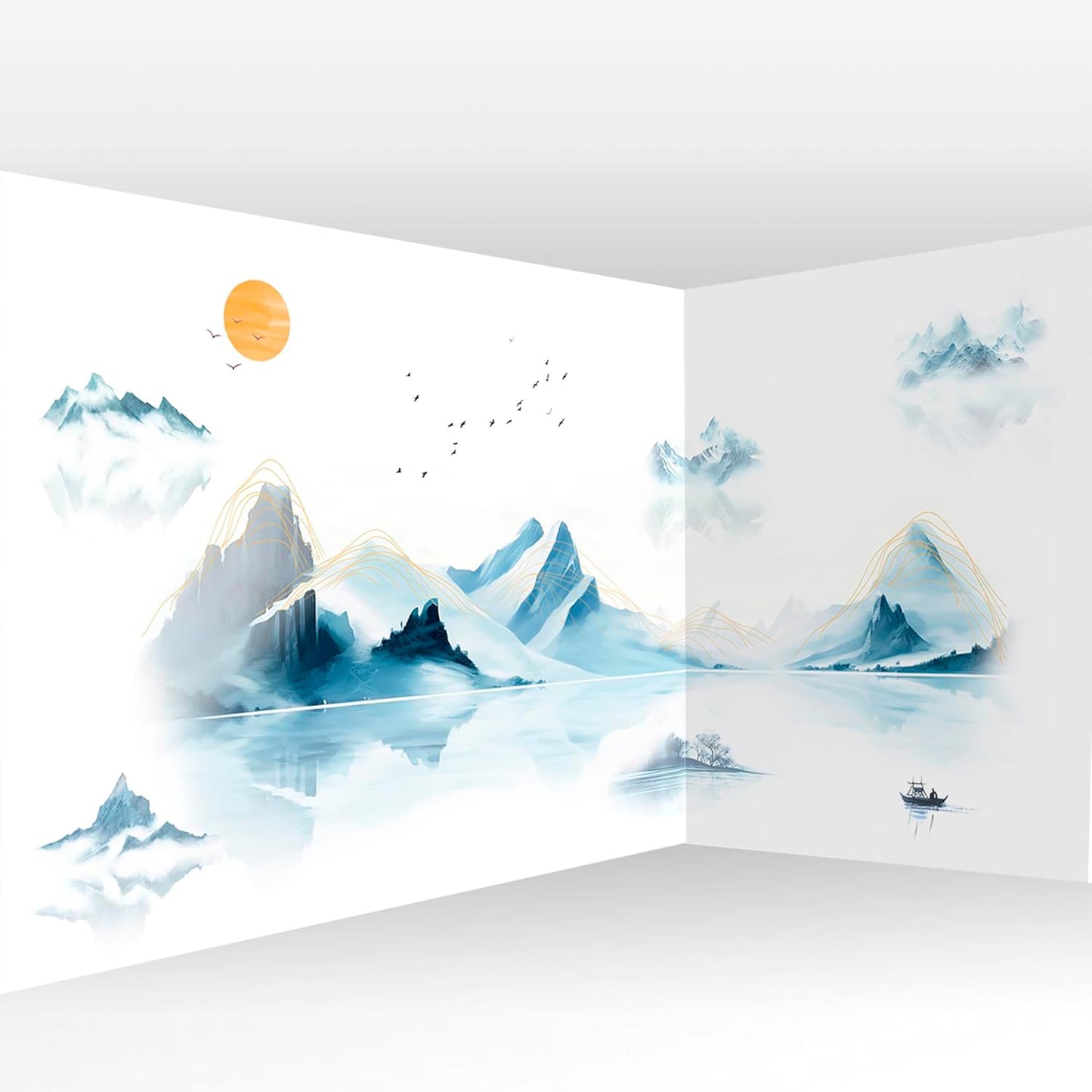 artgeist Wall Mural Peel and Stick Mountains 212x98 in - XXL Self-Adhesive Corner Wallpaper Removable Large Sticker Foil Angle Wallpaper Mountains Lake Birds Landscape c-C-10113-a-a