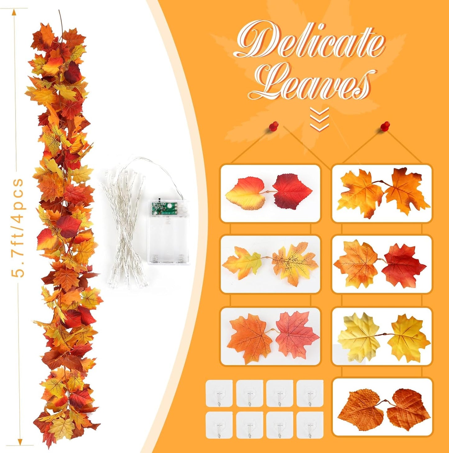 Joyhalo 4 Pack Fall Garland with Lights, Fall Leaves for Mantle, Outdoor Lighted Up Leaf Garland Autumn Decor with 6.5FT LED String Lights, Hanging Maple Leaves for Door, Thanksgiving Decor