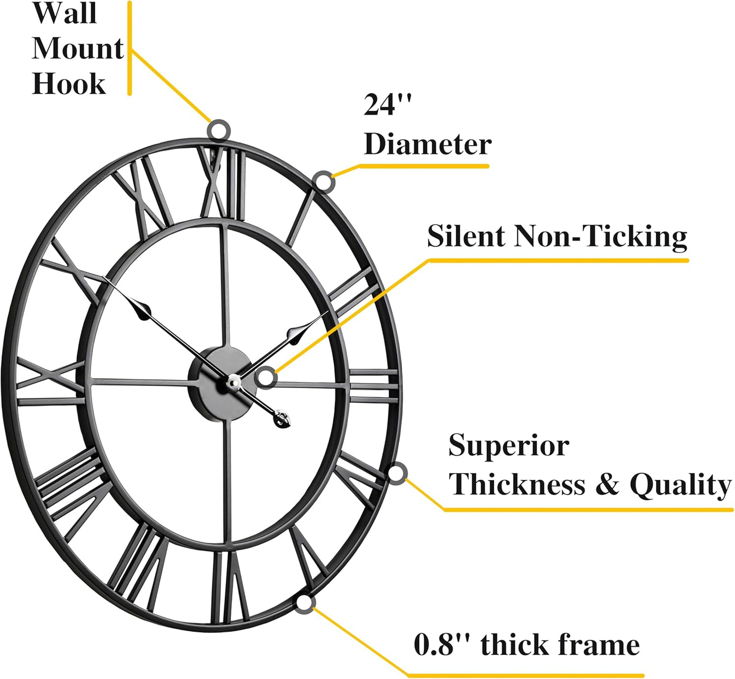 CLXEAST Silent 24 Inch Wall Clocks for Living Room Decor, Large Black Metal Roman Numeral Wall Clocks for Modern Farmhouse Home Decor,House Warming Gifts New Home