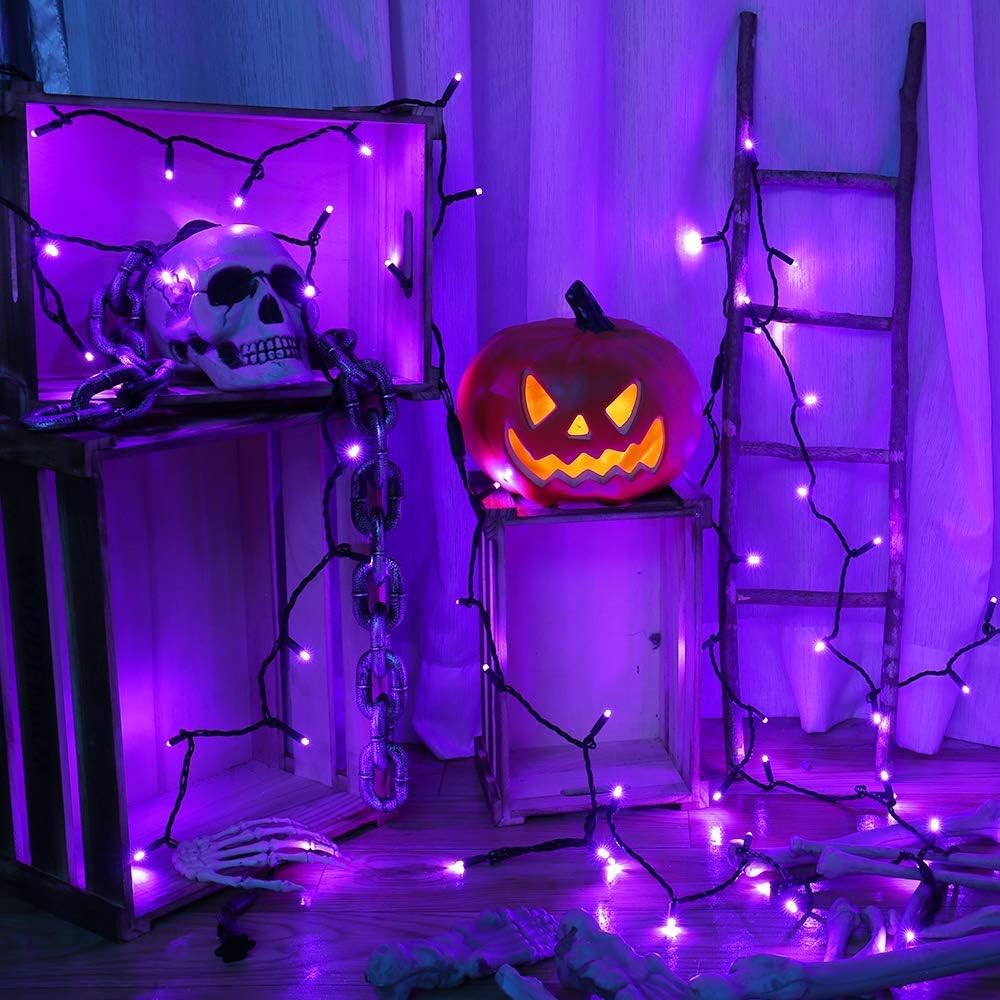 Brizled Purple Halloween Lights, 33ft 100 LED 5mm Wide Angle Halloween String Lights, 120V UL Certified Connectable Light String Purple Mini Light for Party Indoor Outdoor Tree Decoration, Black Wire
