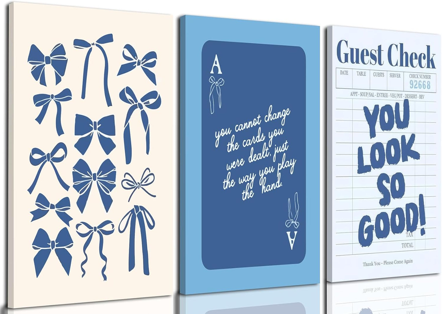 Blue Preppy Wall Art Framed Set of 3 Trendy Navy Bow Posters Retro Guest Check Canvas Prints Poker Painting Minimalist Positive Quote Picture Room Decor Aesthetic for Living Room Dorm Apartment12x16in