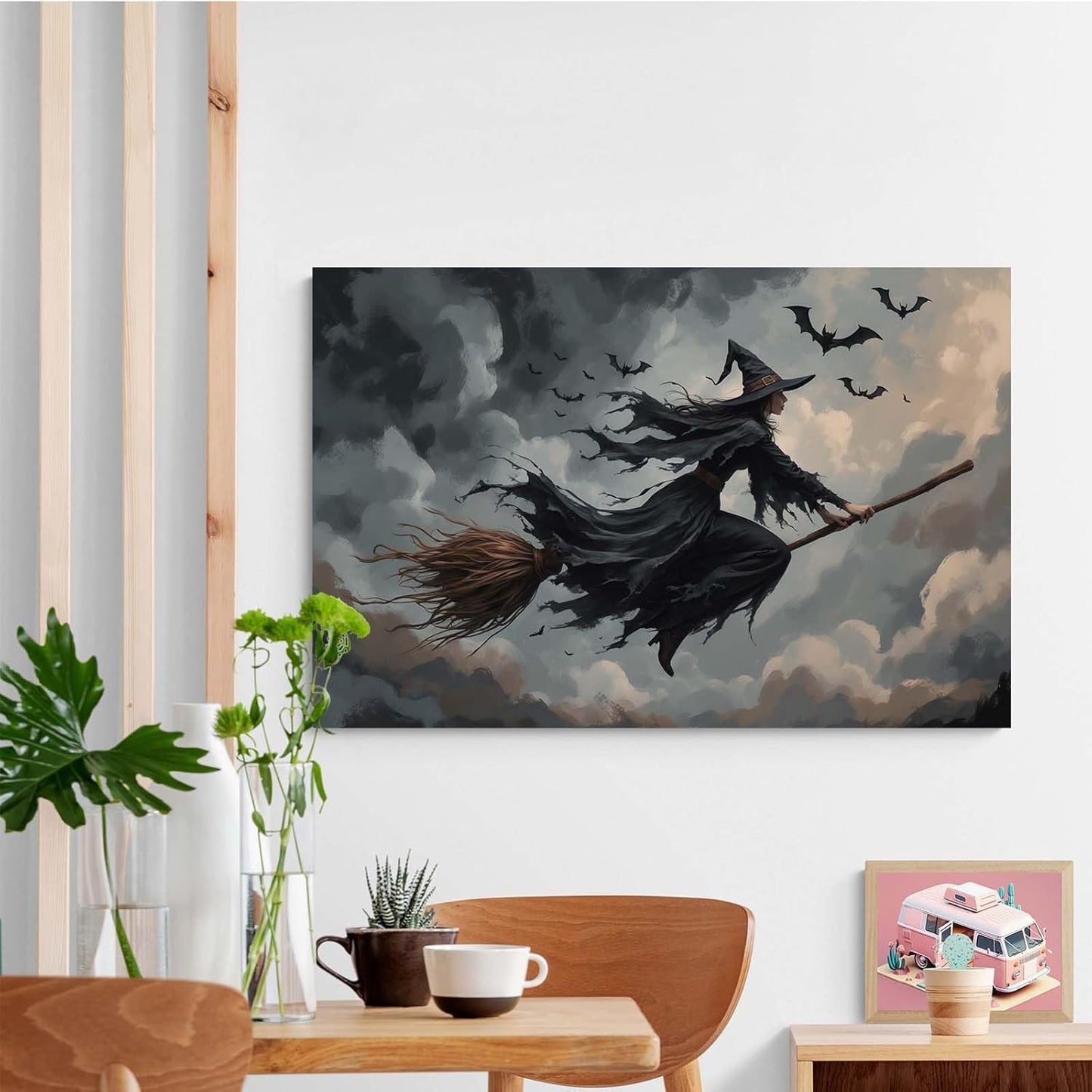 JFHCQJPK Witch and bat flying Halloween poster suitable for home party wall decoration retro Halloween preppy style wall art canvas print suitable for room decoration12x16in Frameless