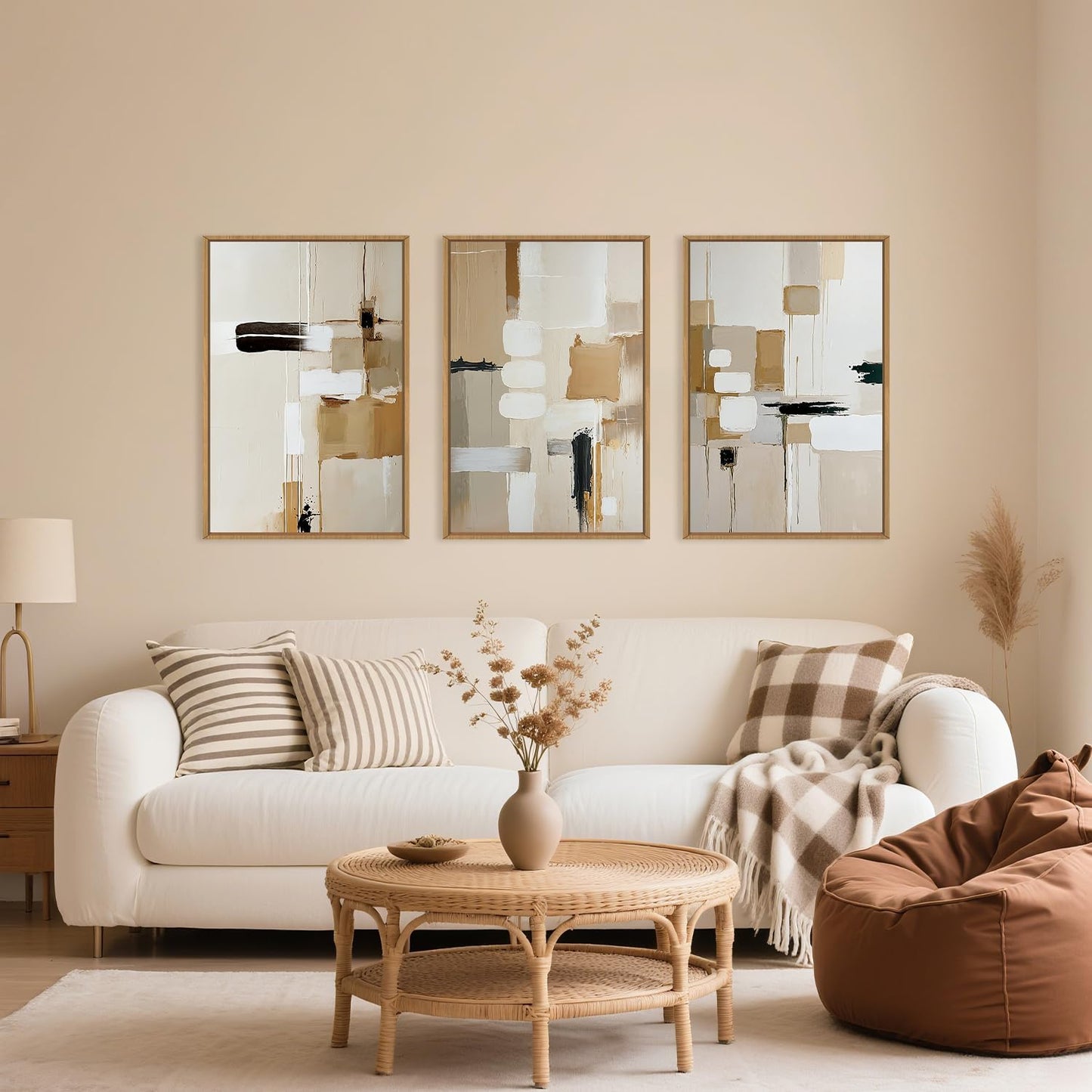 Large Abstract Beige Framed Canvas Wall Art Set, Neutral Textures Wall Decor, Warm Minimalist Shapes Wall Painting, Modern Neutral Art Prints for Living Room, Bedroom, Office - 16"X24"X3