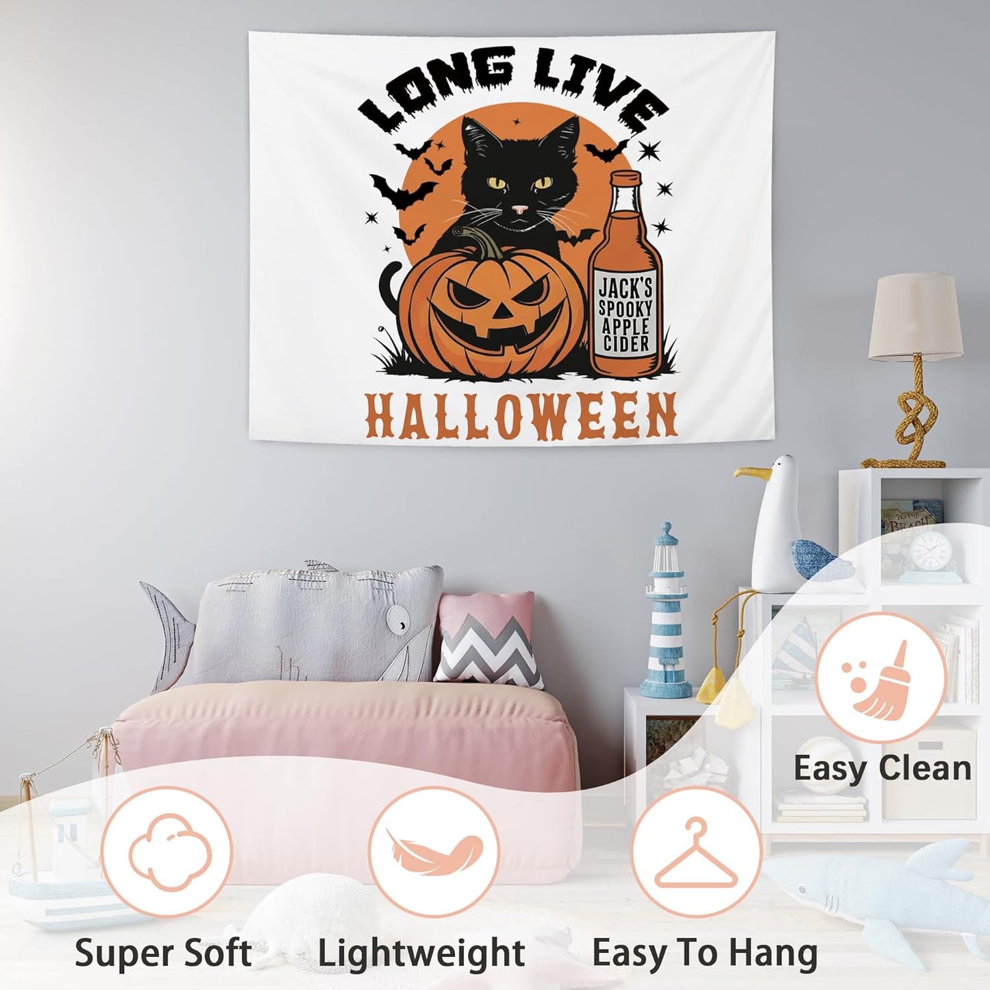 NATSUNO Halloween Tapestry, Long Live Halloween Wall Tapestry for Bedroom, Trendy Black Cat Pumpkin Apple Cider and Bats Tapestries Wall Hanging for Home Living Room Decor, 50x60 Inches