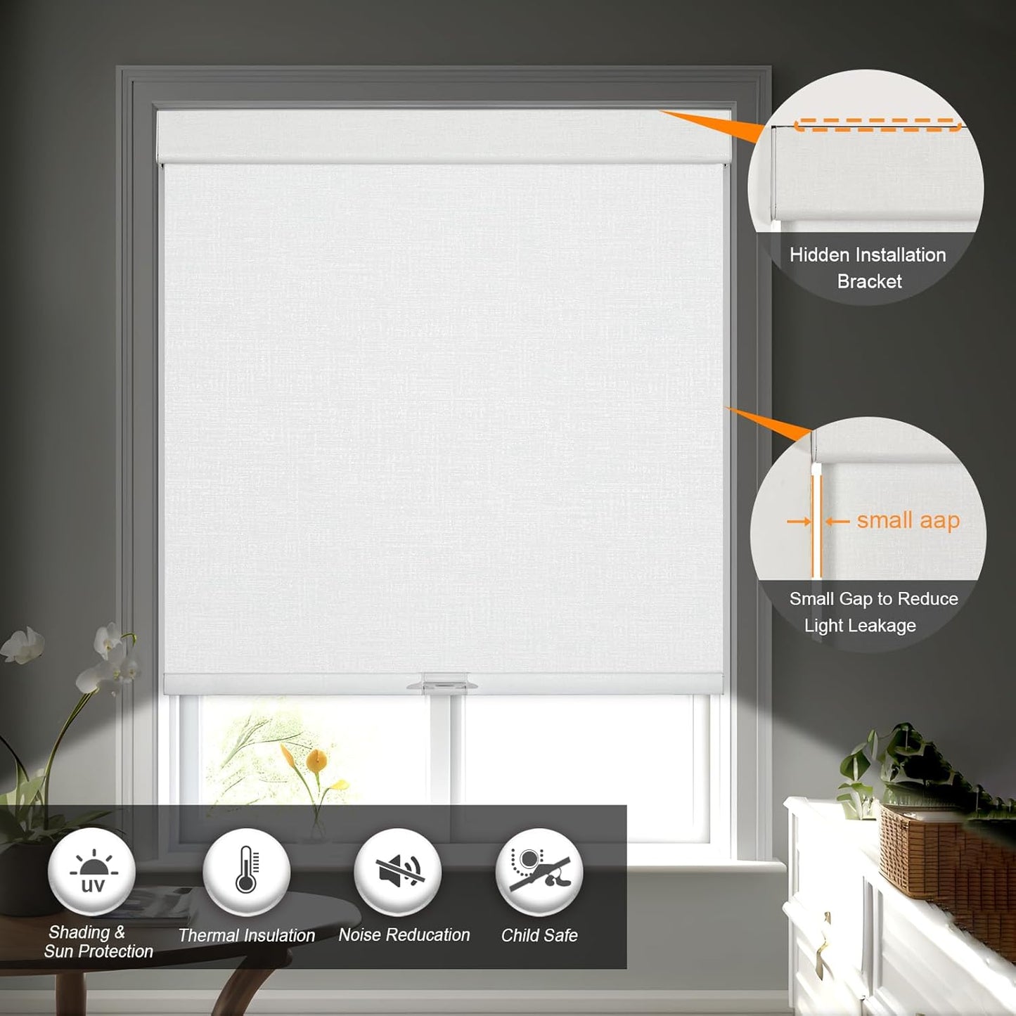 Persilux Blackout Roller Shades & Blinds Windows Shades Free-Stop Blackout Blinds with Jacquard Fabric,Cordless Blinds Pull Down Shades for Home, Easy to Install for Door/Office, White(48.5"W x 72"H)