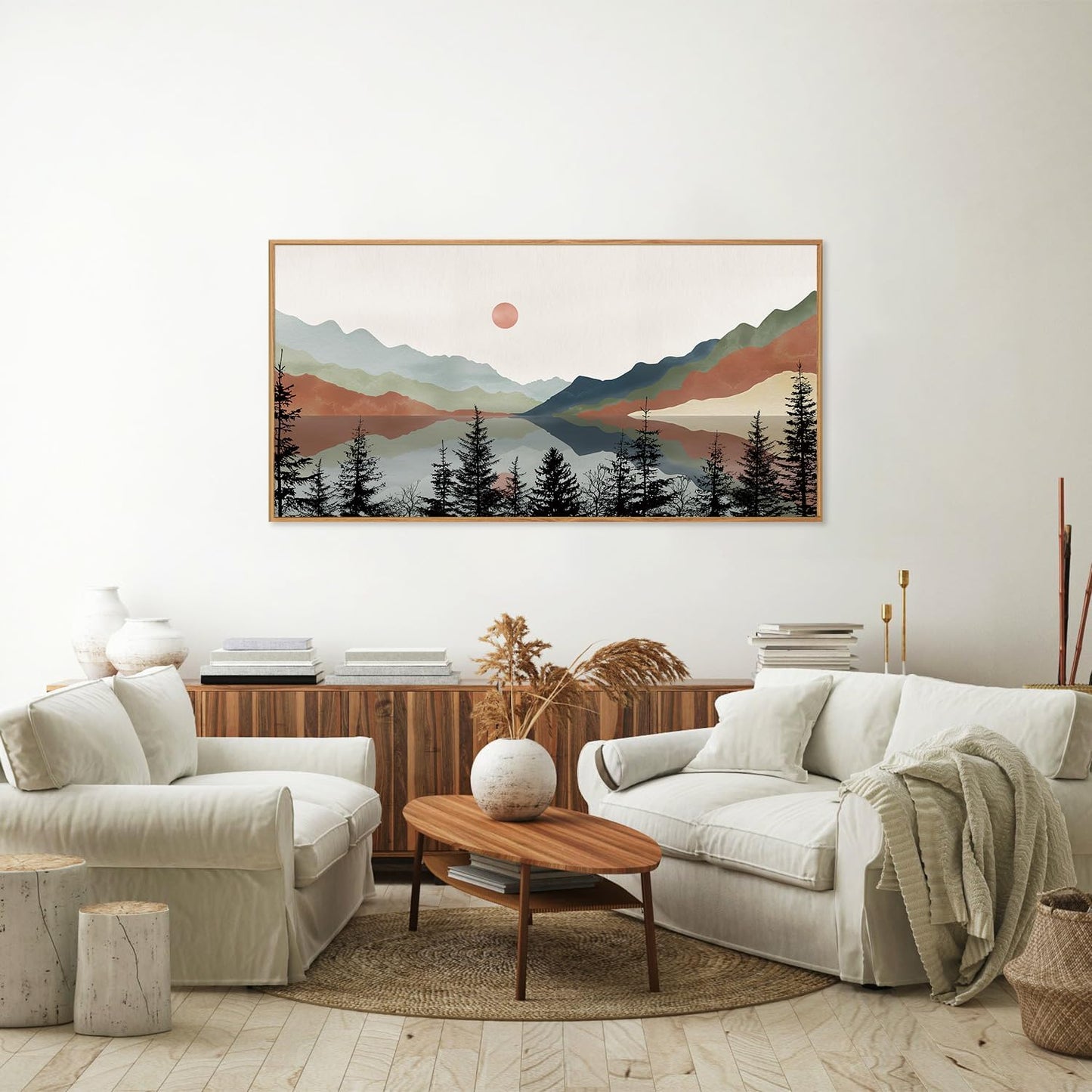 Tinonedraw Boho Mountain Framed Canvas Wall Art Set, Watercolor Nature Landscape Wall Decor, Neutral Modern Sunrise Artwork, Black Pine Trees Forest Art Prints for Living Room Bedroom Office 20"x40"