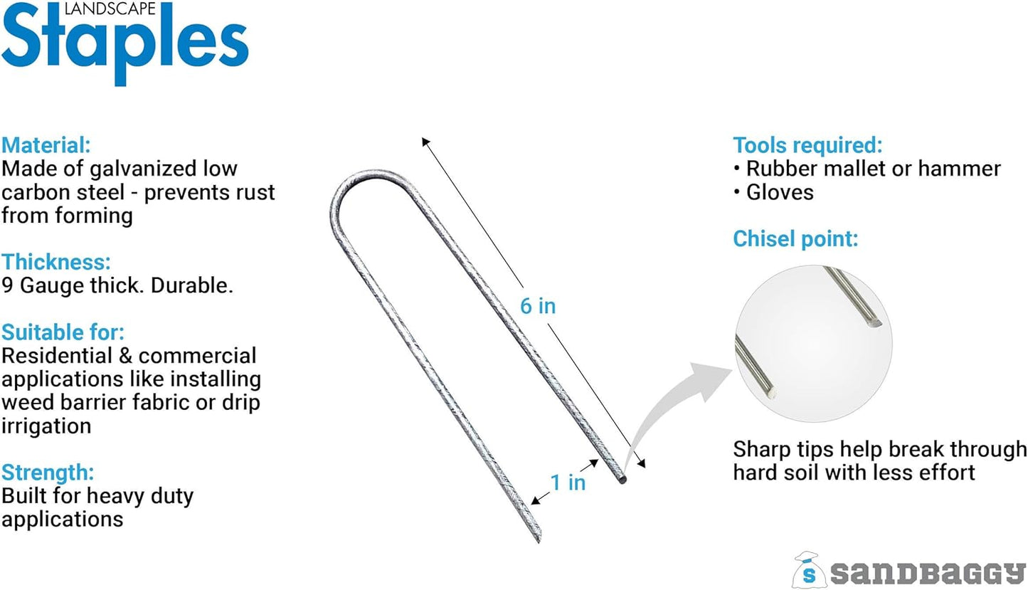 Sandbaggy Galvanized 6-Inch Landscape Staples ~ 9 Gauge Steel - Fabric Pins, Garden Earth Stakes, Ground Cover, Fence Anchors, Lawn Nails ~ Trusted by Organic Farmers Across The USA (5,000 Staples)
