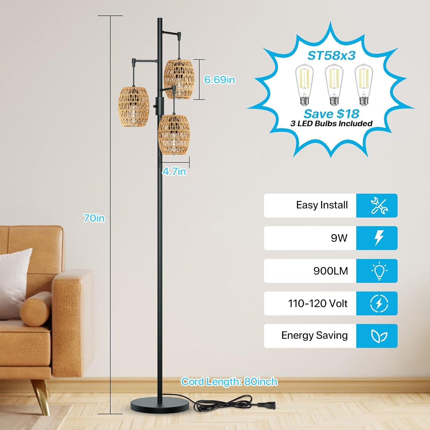 Boho Rattan Floor Lamp - Dimmable 70 Inch with Shades, Coastal 3 Light Bohemian Standing Lamp for Living Room Bedroom Office