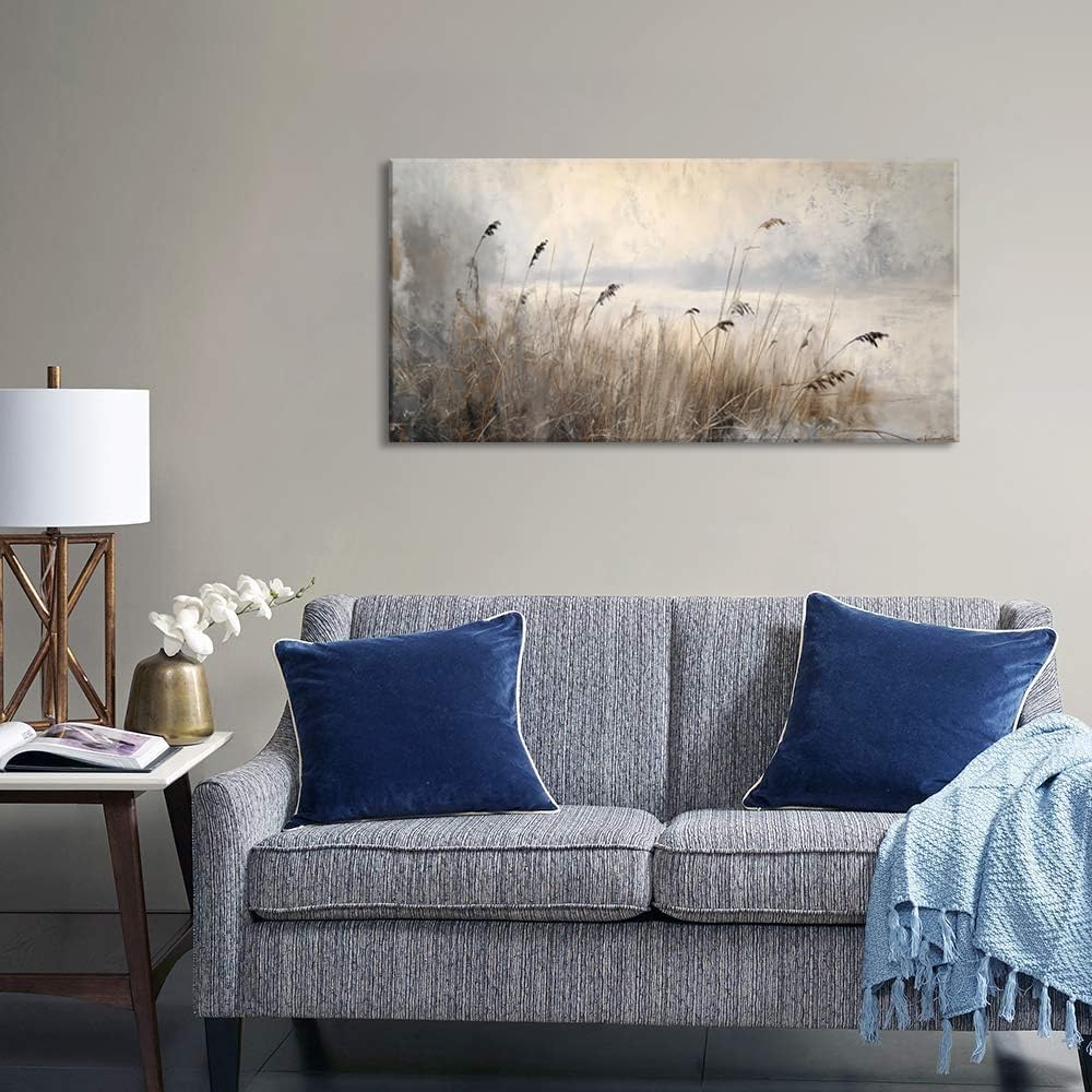 LASMOND Vintage Meadow Wall Art for Living Room Reed Grass Canvas Painting Prints Large Retro Rustic Cottagecore Countryside Landscape Farmhouse Bedroom Artwork Home Decor (40x20 Inches)