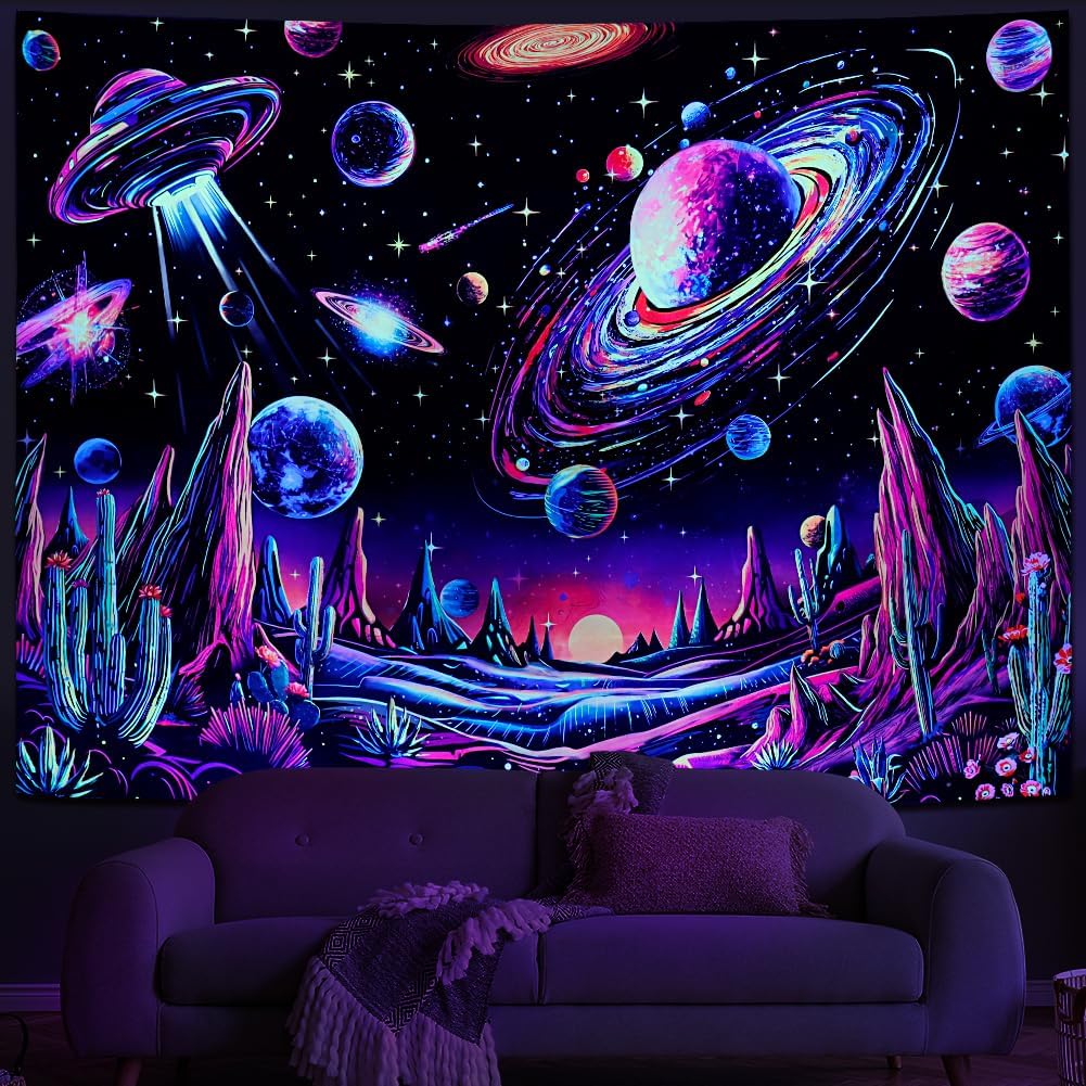 Tushelia Blacklight Galaxy Space Tapestry Neon Planet UFO Tapestries UV Reactive Cactus Mountain Wall Decor Black Light Starry Night Sky Tapestry Wall Hanging for Bedroom