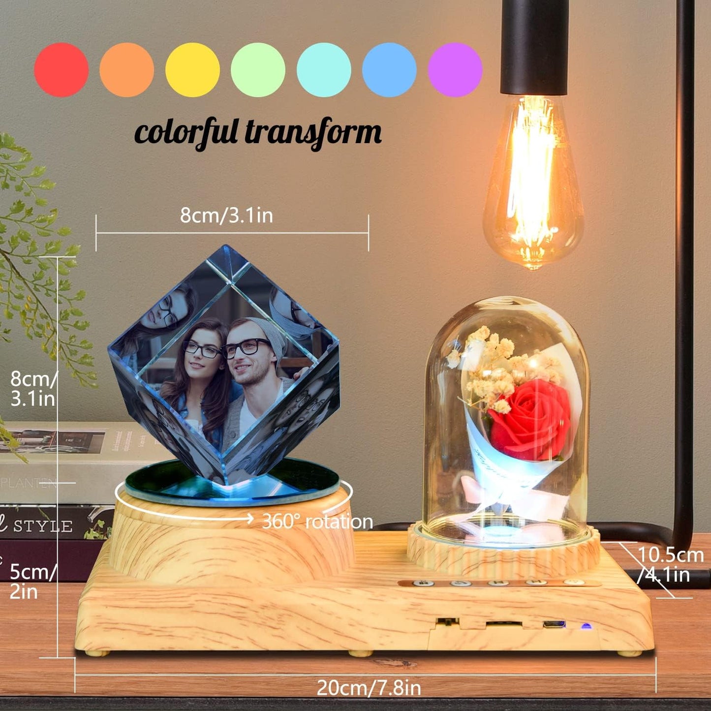 Personalize Your Photo Crystal Gifts Custom Cube Crystal Photo Night Light with Music Bluetooth Rose Speaker for Girlfriend Best Friend Classmate Wife Night Light
