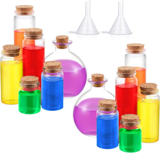 12 Pcs Halloween Glass Potion Bottle with Corks 6 Size Assorted Mini Glass Bottle Clear Message Jars with 2 Funnels for Halloween Decoration Party Favor Costume Prop DIY Crafts Witchcraft Supplies
