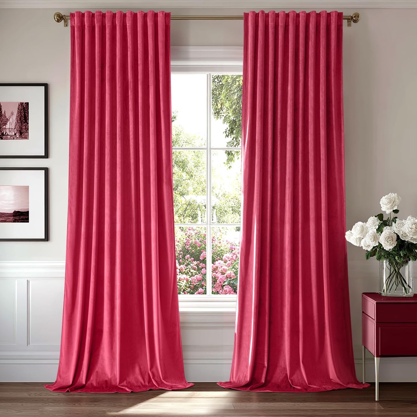 MIULEE Hot Pink Velvet Curtains 96 inches 2 Panels - Luxury Room Darkening Window Drapes for Bedroom Living Room Thermal Insulated Super Soft Blackout, Back Tab Rod Pocket Pinch Pleated, W52 x L96