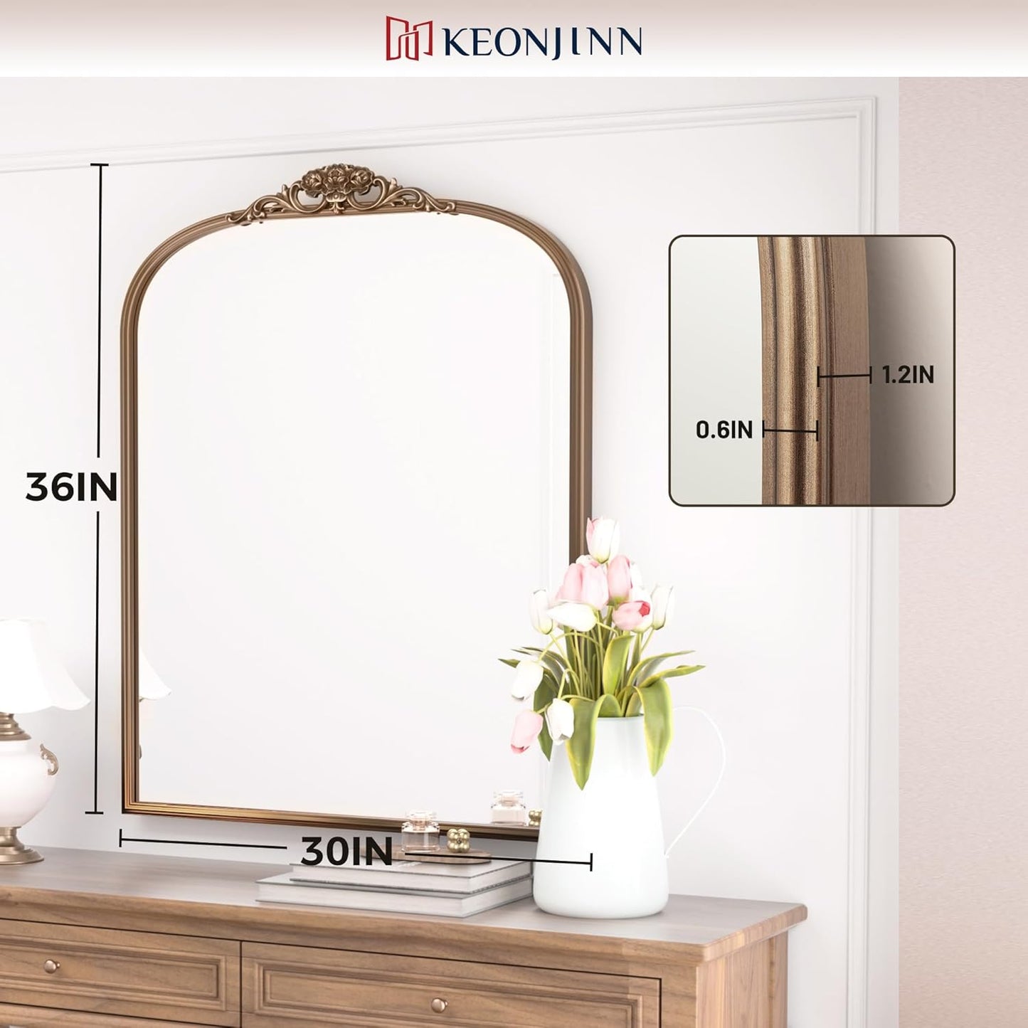 Keonjinn Gold Vintage Mirror 30" x 36", Antique Brass Mirrors for Wall Decor, Arched Decorative Mirror for Mantle, Hallway, Living Room, Fireplace, Bedroom, Bathroom Mirror with French Cleat Mounting