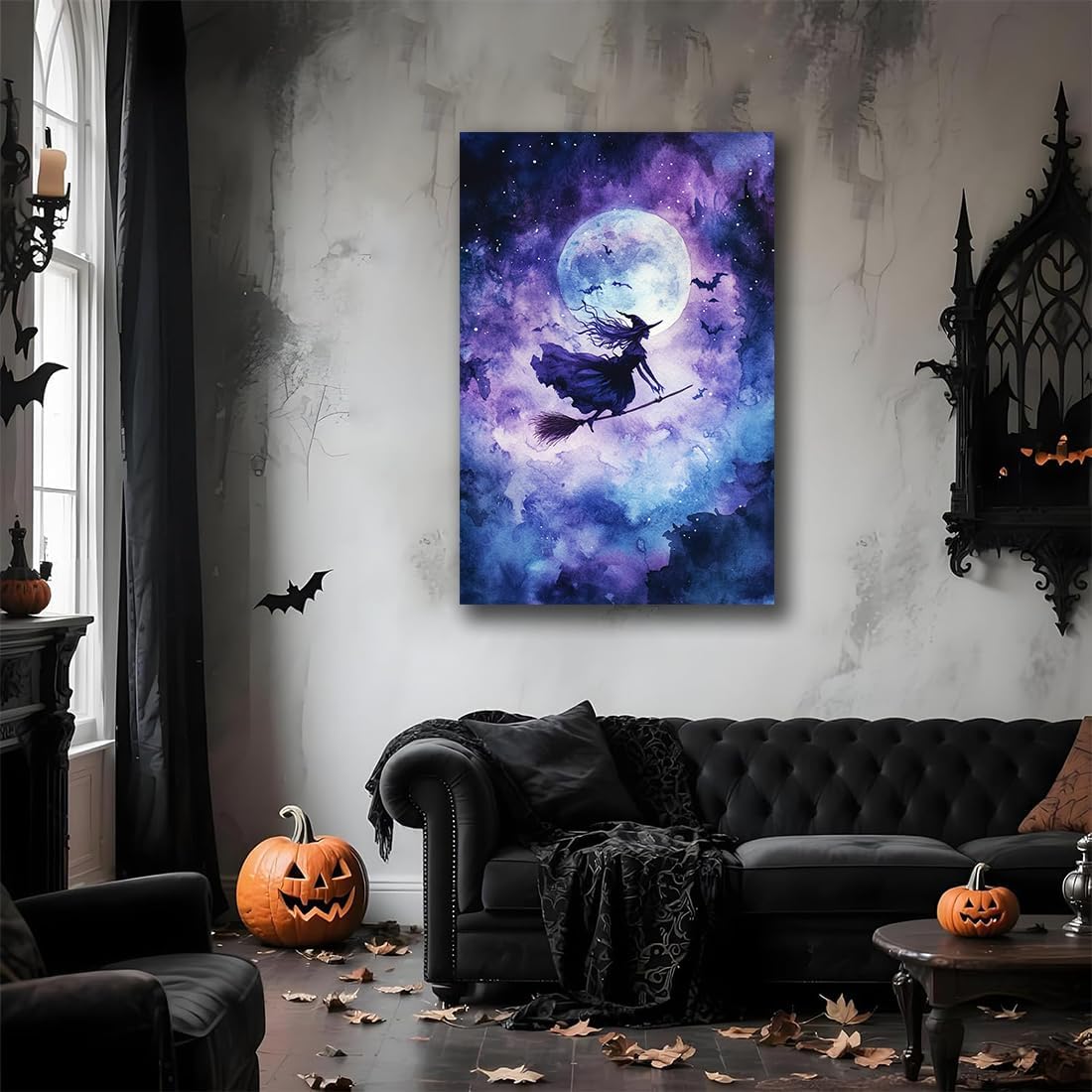 Witch On Broom Flying Wall Art,Gothic Halloween Canvas Wall Art,Victorian Witch Silhouette In Moonlight Broomstick Poster Pictures,Creepy Halloween Purple Night Sky Print,12"x18" Framed