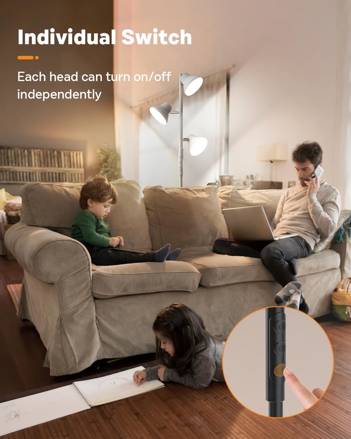 LED Tree Floor Lamp Silver, 36W Super Bright Standing Lamp with Remote Control, 4 Color Temperatures, 3 Rotatable LED Lights, Dimmable Floor Lamps for Living Room, Bedroom, Office