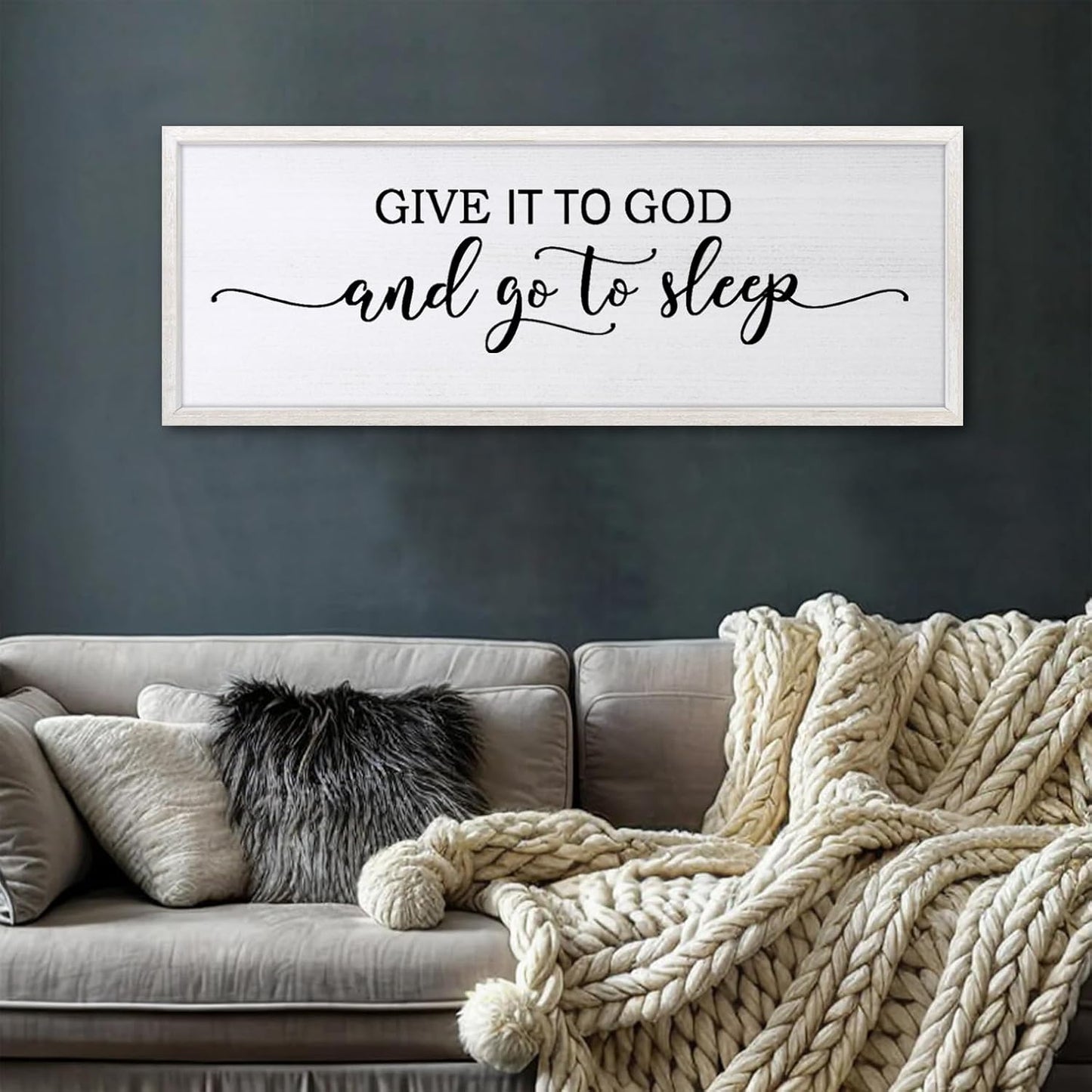 FZZHYQCHY Give It To God And Go To Sleep Above Bed Wall Decor Art 24"X10" Master Bedroom Over Bed Wall Wood Framed Sign (White)