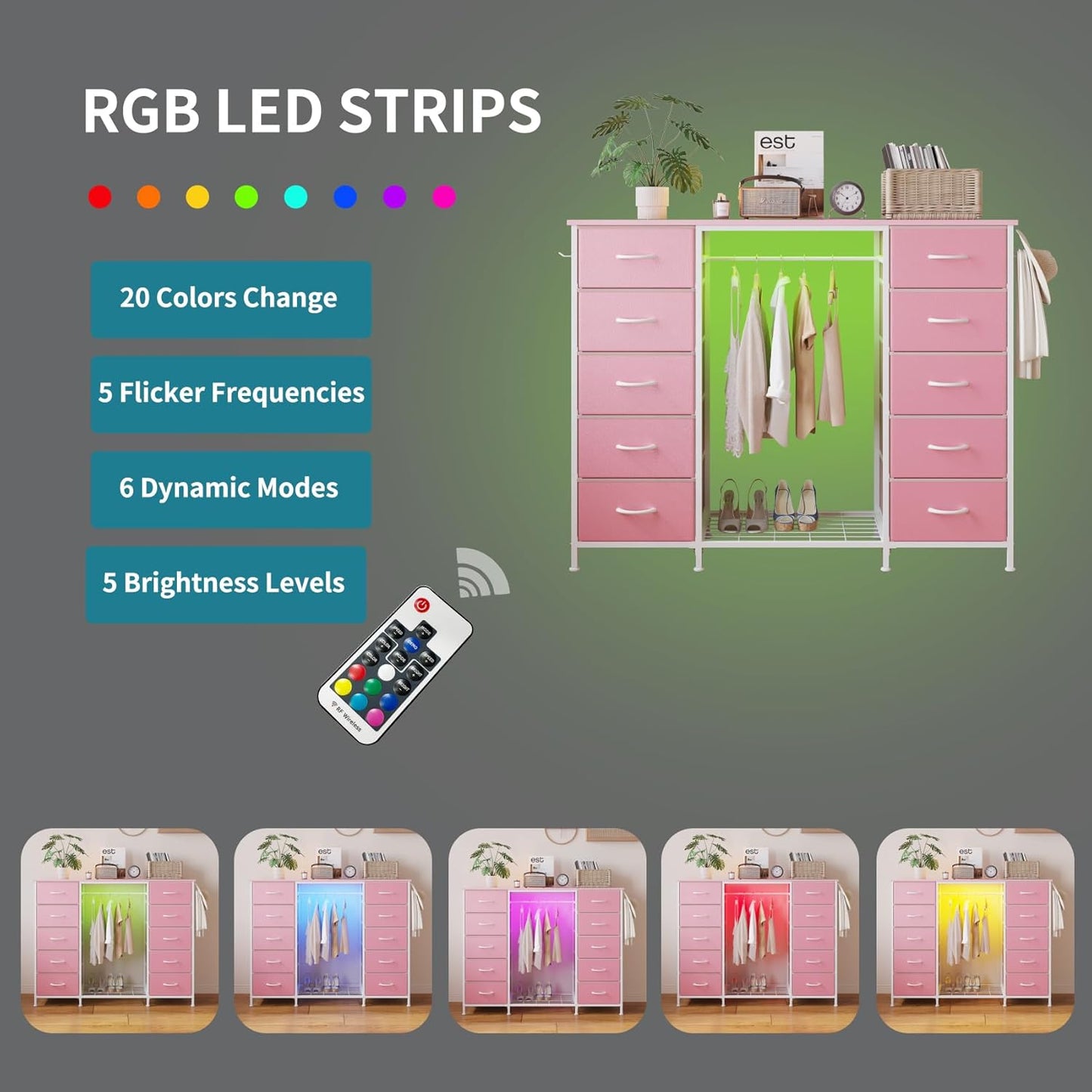 LUMTOK 2-in-1 Dresser with Hanging Rack, 10 Drawers Dresser for Bedroom,Dressers with Fabric Drawers,LED Lights, Charging Station and Hanging Racks for Bedroom (Pink)