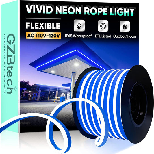 GZBtech Flexible LED Neon Rope Lights 66FT,AC 110-120V Waterproof Strip Light, 120 LEDs/M Cuttable Connectable Neon Lighting for Indoor Outdoor Home Decor/Commercial Building Use-Blue 20M