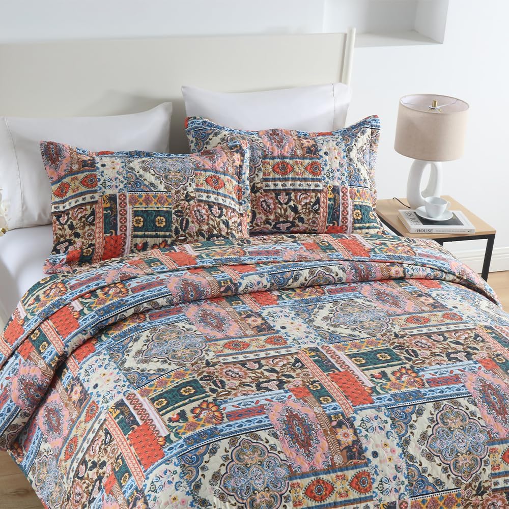 Cotton Bedspread Quilt Sets Reversible Coverlet Sets Comforters Vintage Bohemian Patchwork Bedspread Bedding Sets,Gorgeous Bohemian Floral,King Size