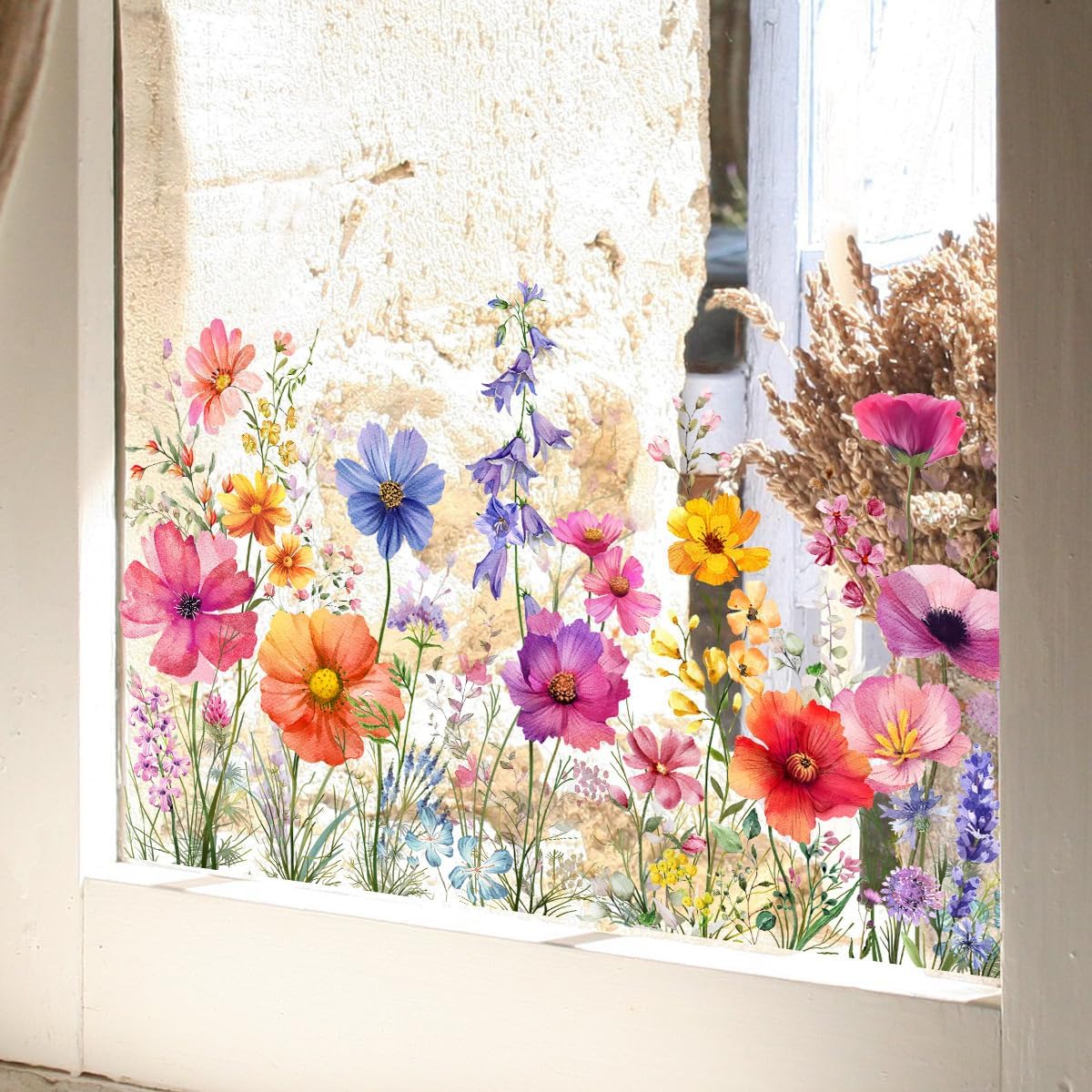 Colorful Flower Garden Window Clings, Wildflower Grass Lily Peony Poppy Floral Window Decals
