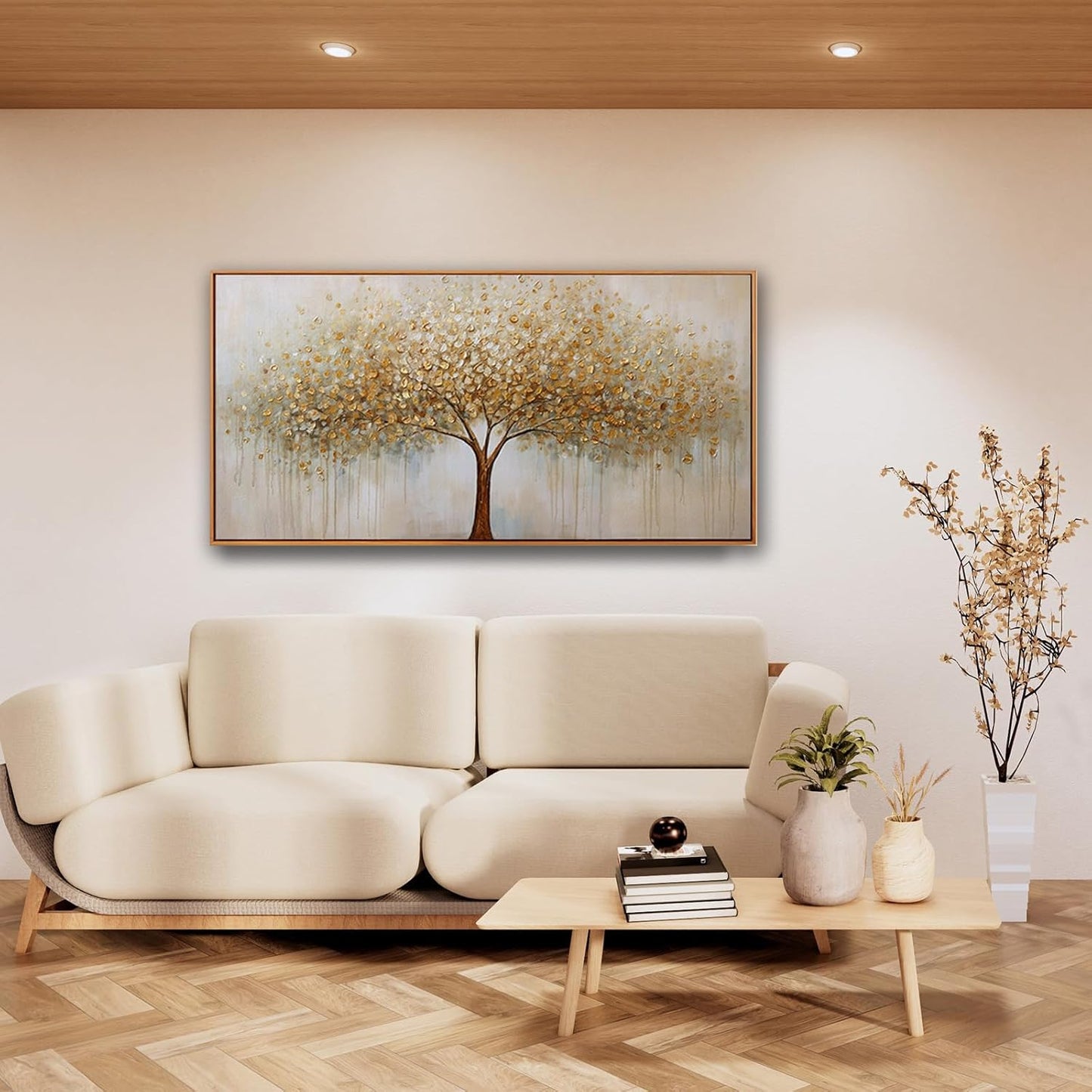 Wall Art Abstract Gold Tree of Life Framed Modern Artwork Canvas Painting Textured Tree Pictures Wall Decor for Living Room Bedroom Dining Room Home Office Decor 24"x48" with Framed