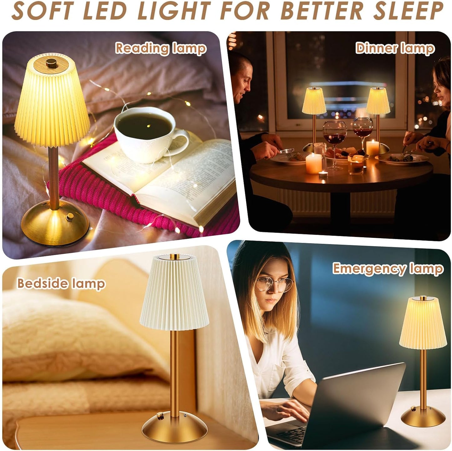 Liliful 2 Pcs LED Portable Cordless Table Lamp Touch Battery Operated Rechargeable Desk Lamp 3 Color Dimmable for Bedroom Living Room Dining (Beige Cloth Style,Gold)