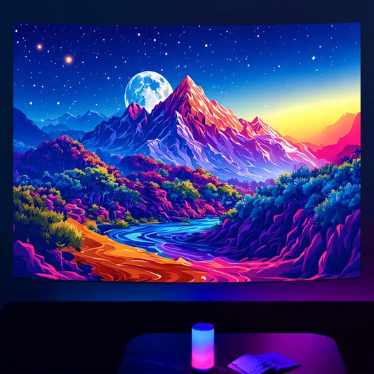 SparkLia Blacklight Sunset Mountain Tapestry – UV Reactive Forest Lake Wall Hanging, Neon Glow in the Dark Starry Sky Moon Nature Landscape for Bedroom, Living Room & Dorm Decor – 59.1" x 80"