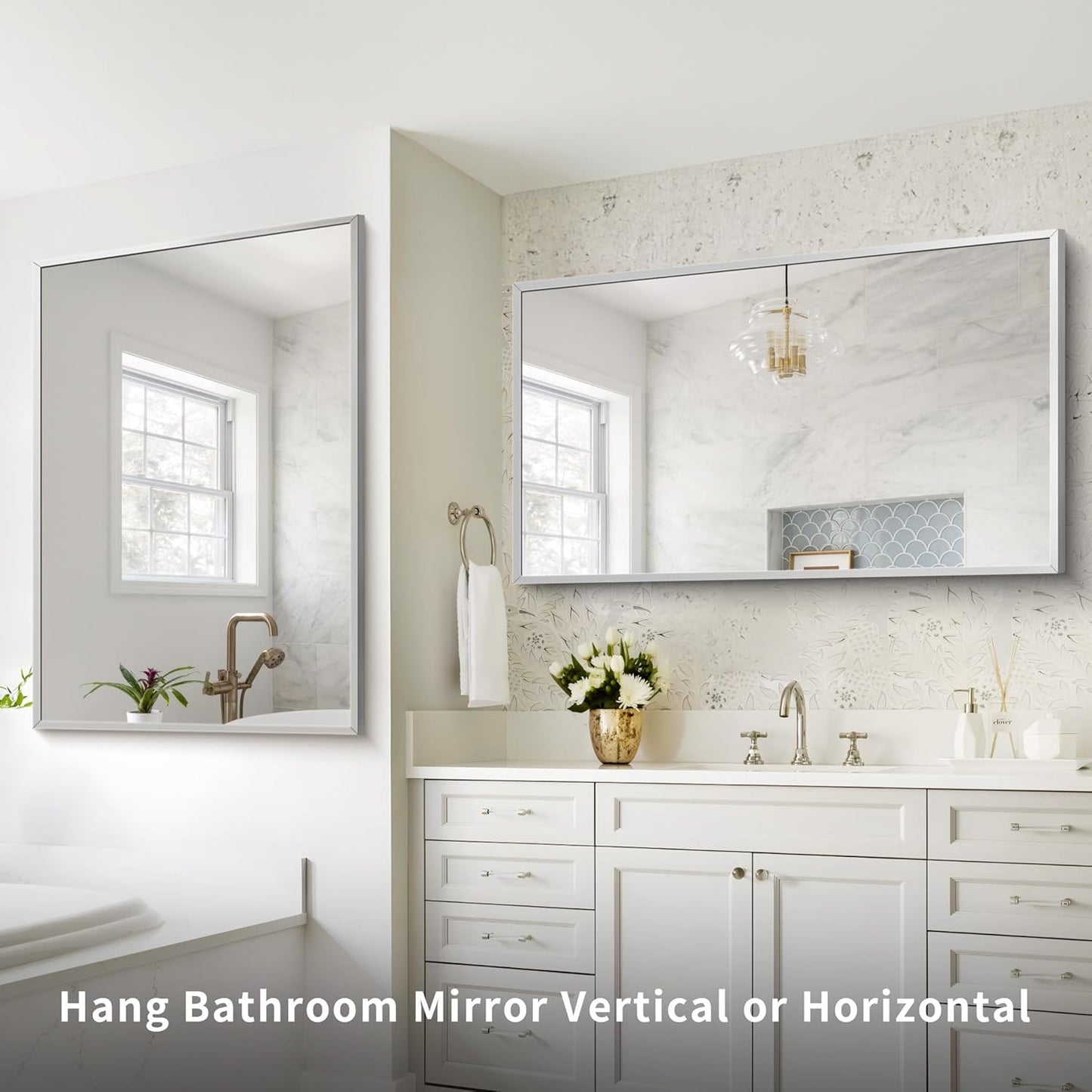 Silver Bathroom Mirror for Wall, 30x48 Inch Rectangle Mirrors with Metal Frame, Modern Vanity Wall Mirror Decor for Bathroom Living Room, Entryway Hangs Horizontal or Vertical