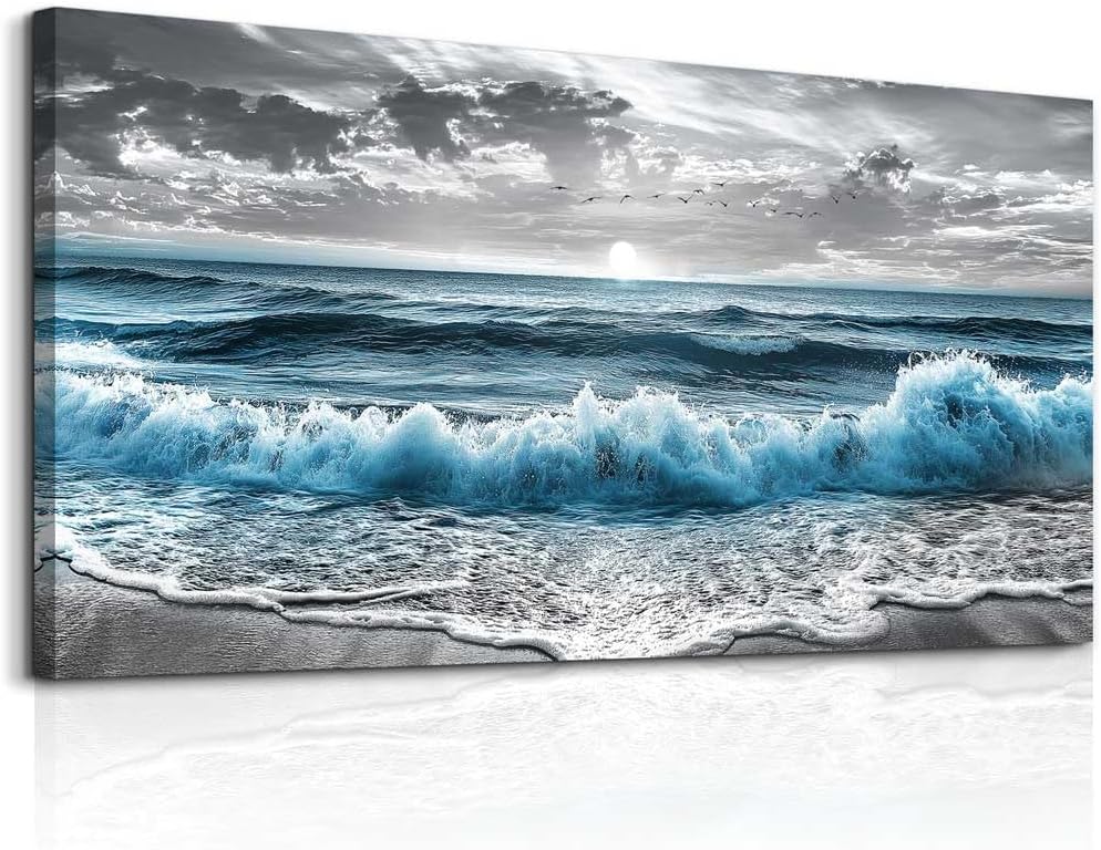 ZUITINGHUA Large Wall Decor For Living Room Canvas Wall Art For Office Modern Wall Decorations For Bedroom Sea Wave Landscape Painting Black And White Pictures Artwork Room Home Decor 24x48 In